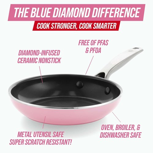 Blue Diamond 8" Nonstick Frying Pan - Ceramic Diamond Infused, PFAS-Free, Dishwasher Safe, Pink