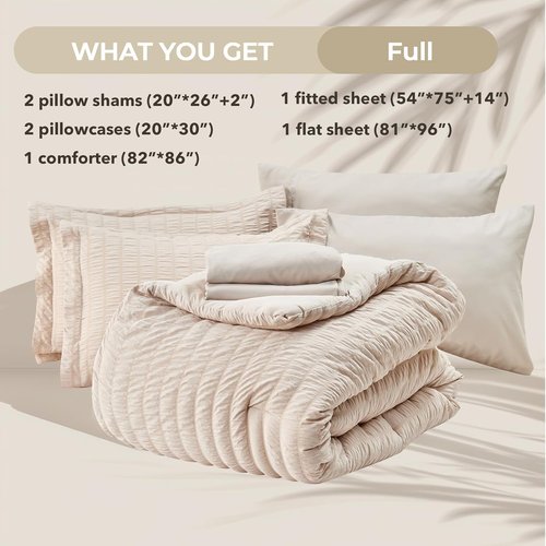 HYMOKEGE Comforter Set - Luxury 7-Piece All-Season Bedding in Beige | Full Size with Sheets & Pillowcases