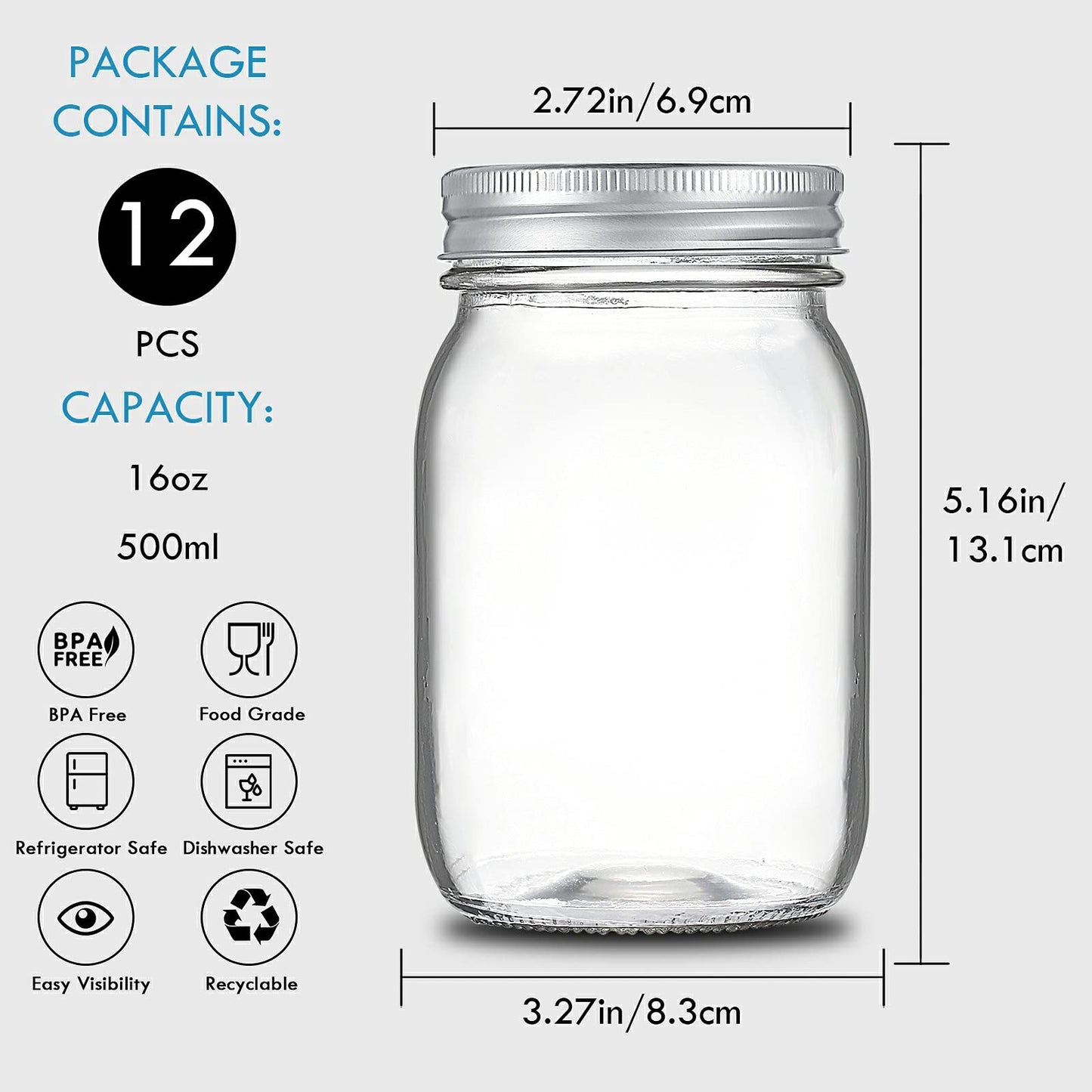 YEBODA 16 oz Wide Mouth Mason Jars 12 Pack Glass Canning Jars with Airtight Lids and Bands for Preserving, Jam, Honey, Jelly, Wedding Favors, Sauces, DIY Spice Jars, Salad, Yogurt