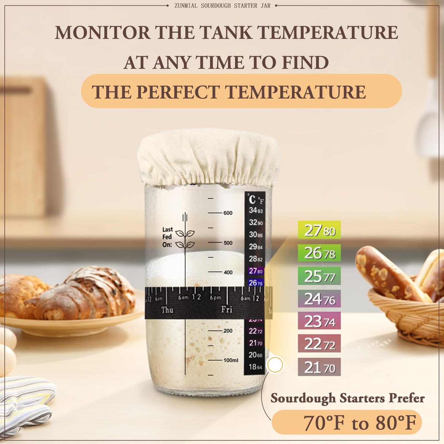 zunmial Sourdough Starter Jar, 24 oz Sourdough Starter Kit with Date Marked Feeding Band, Thermometer, Cloth Cover & Metal Lid, Reusable Sourdough Bread Baking Supplies, Home Baking Supplies