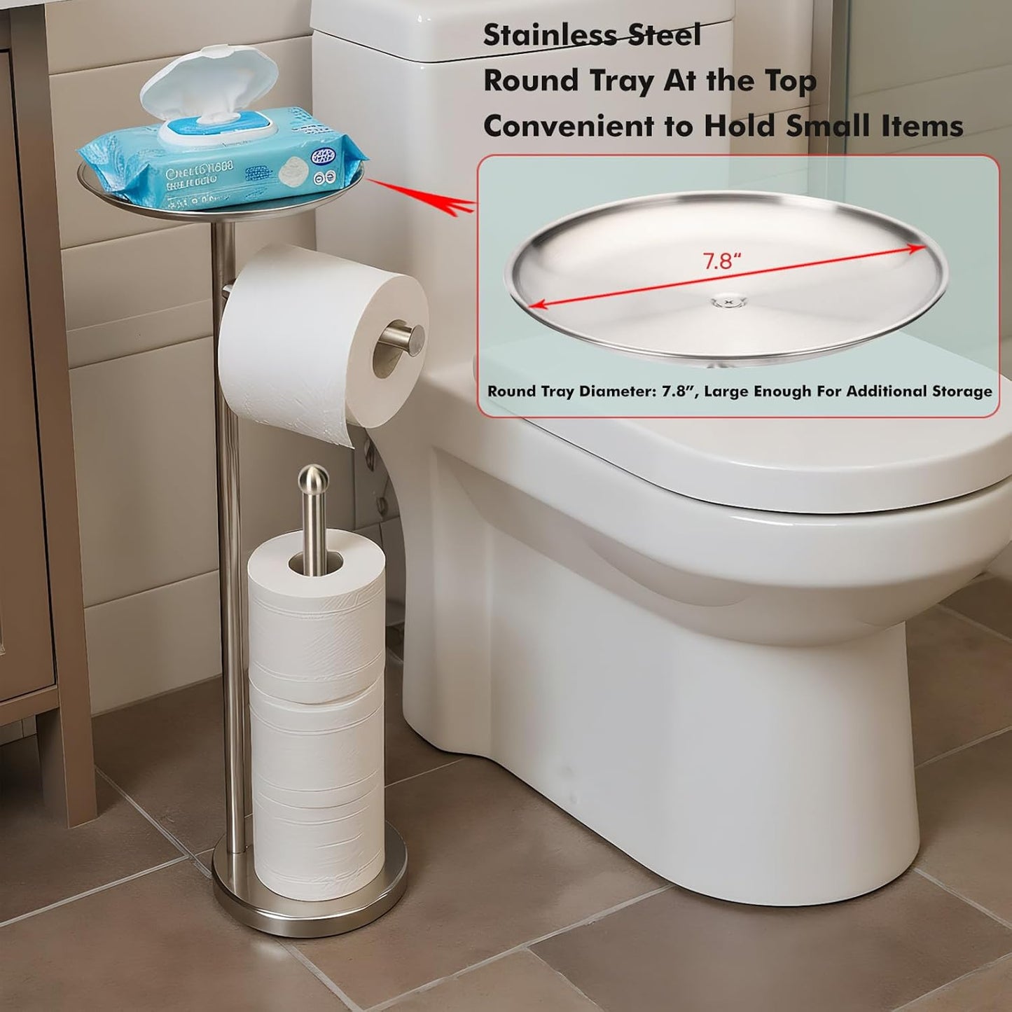 Skiennix Freestanding Toilet Paper Holder - Stylish Storage with Shelf for 4 Extra Rolls | Brushed Nickel