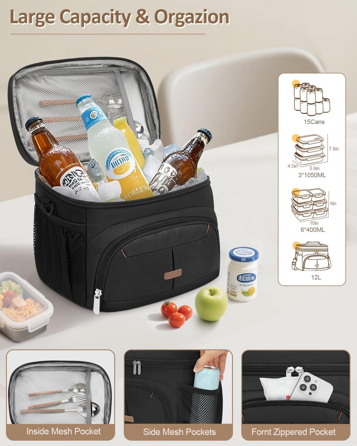 Pritent Insulated Lunch Box - Leakproof Cooler Bag with Removable Strap for Work & Travel | Black, 12L