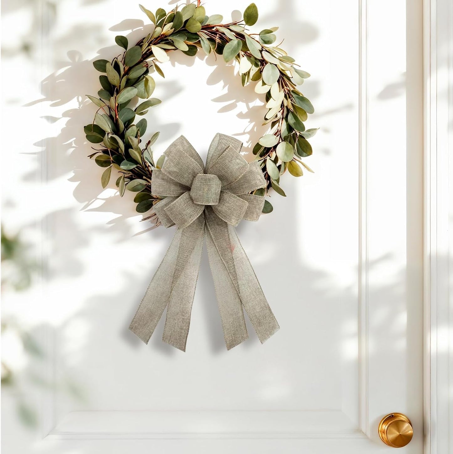 Natural Burlap Wreath Bow by Christmas | 20 x 11 Inches | Khaki Ribbon for Holiday Decor