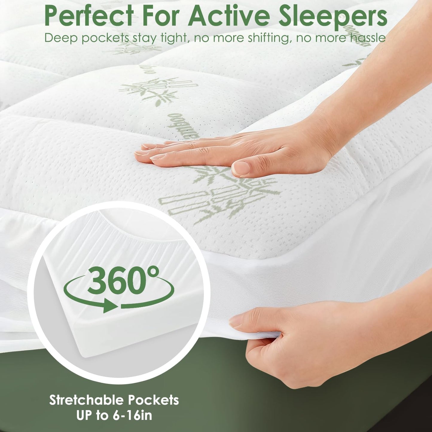 Skiennix Queen Mattress Topper - Cooling Bamboo Viscose Pillow Top Pad for Deep Pocket Mattresses, Green