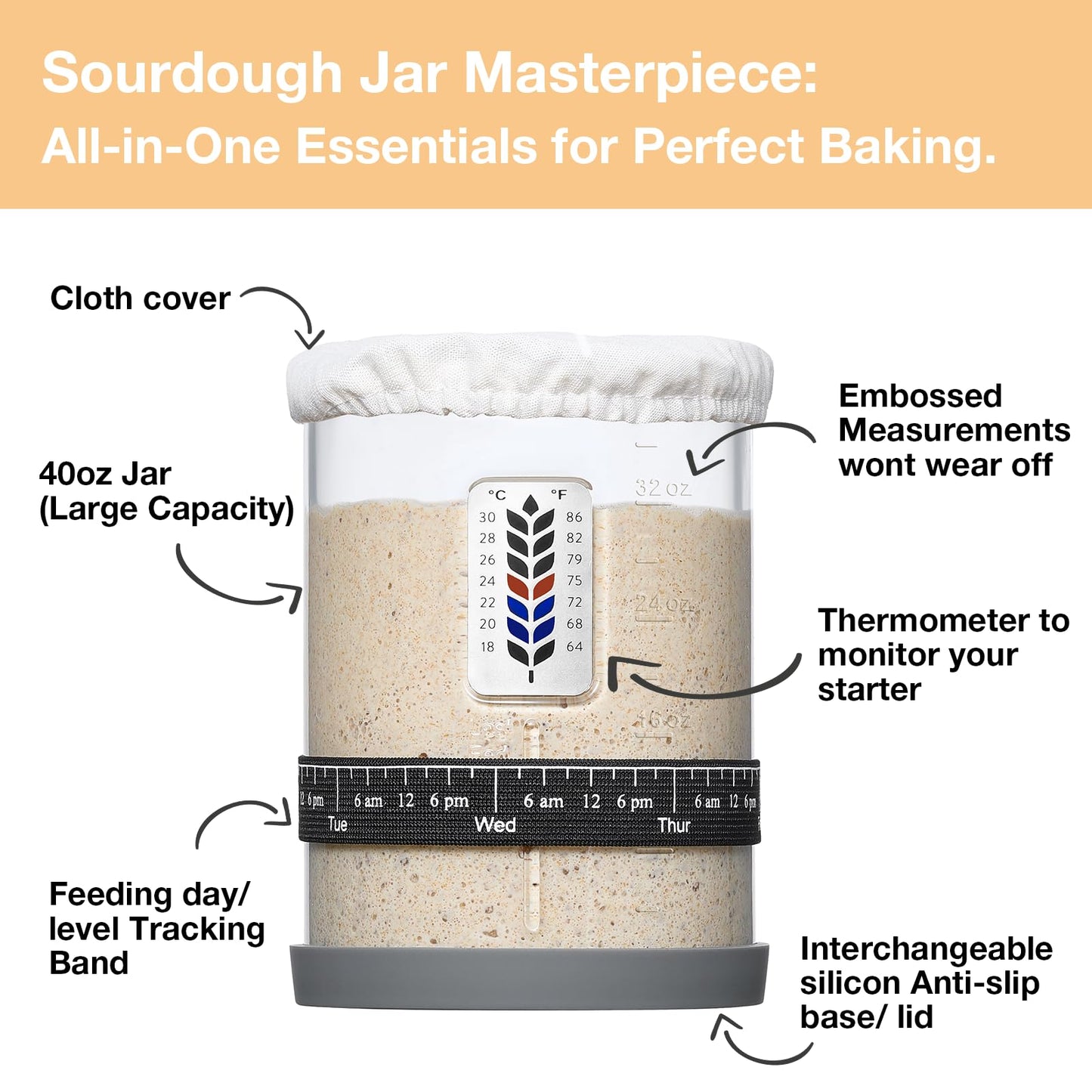 Premium Pro Sourdough Starter Jar Kit - 40oz Large Wide Mouth Sourdough Bread Jar with Marked Feeding Band, Thermometer, Scraper, Cloth Cover and Silicone Lid/Base, Glass Container, Baking Supplies