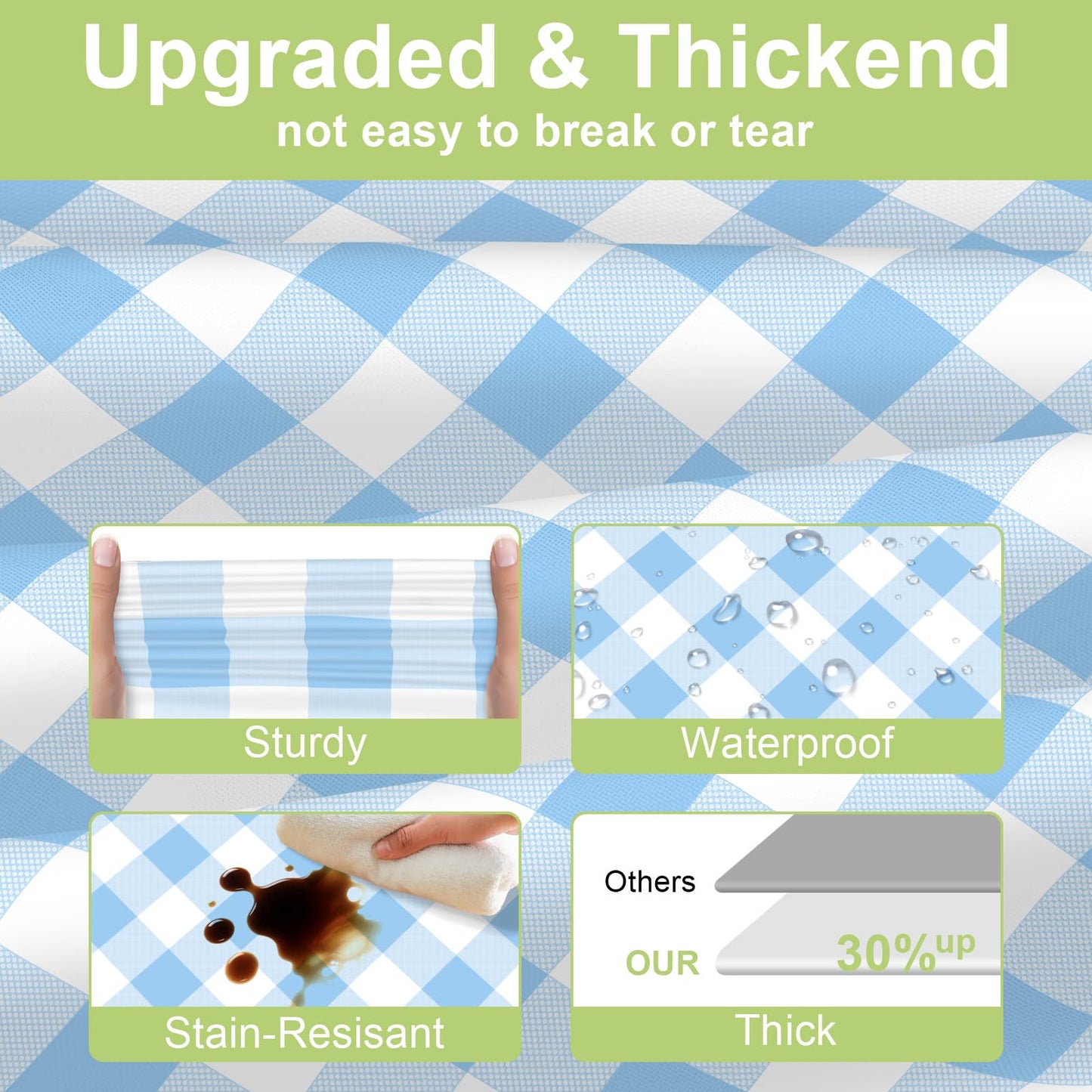 QIKSION Light Blue Gingham Tablecloth Disposable 2 Pack, 54 x 108 Inch Blue and White Checkered Table Cloth for Baby Shower, Easter Decorations, Birthday Party, Rectangle, Plastic Table Cover
