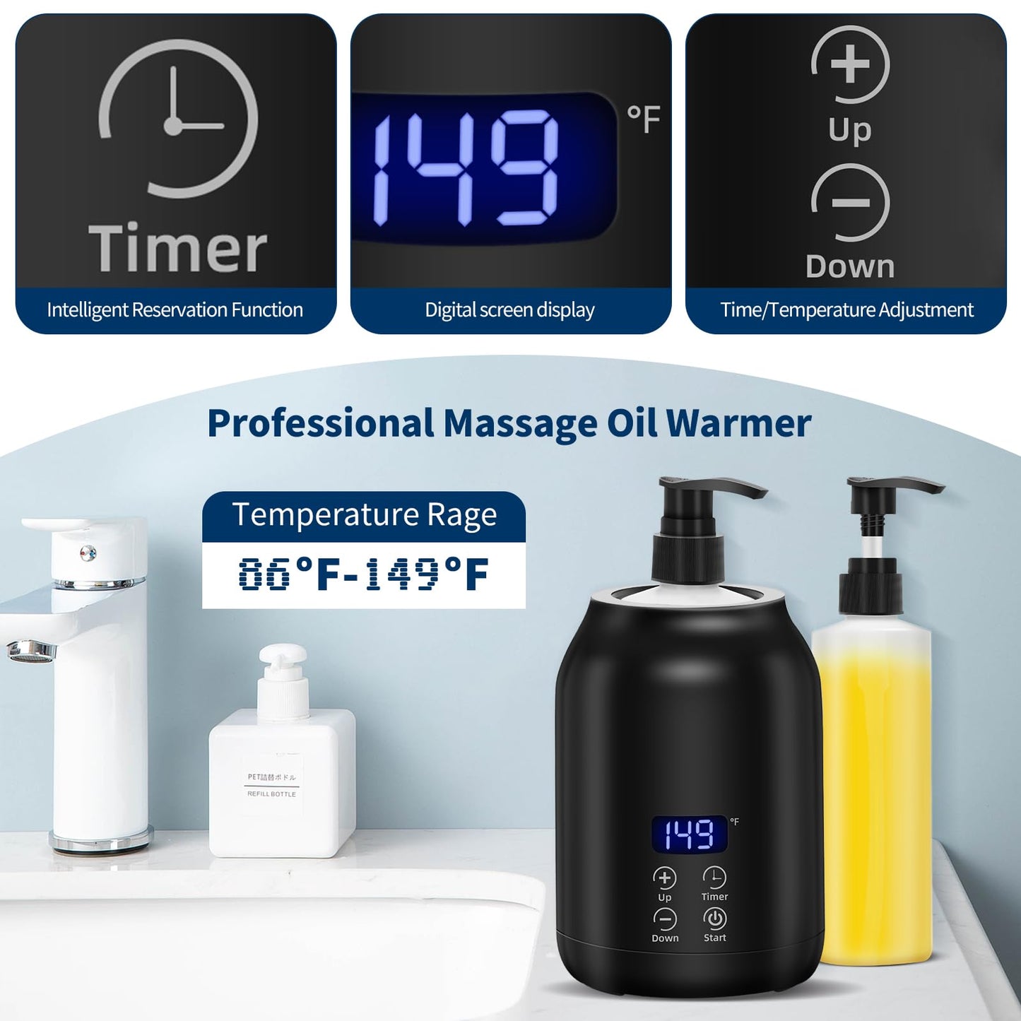 Massage Oil Warmer with Gua Sha Roller Set, Yofuly Professional Oil Warmer for Massage with Two Dispenser Bottles, Portable Electric Temperature Control Lotion Digital Heater for Spa, Black