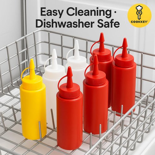 COOKKEY 6-Pack Condiment Squeeze Bottles - 12 oz- BPA - Free Plastic Squirt Bottles for Sauces, Oil, Syrup, Seasonings and Honey and 1 Funnel - Leak-Resistant Design