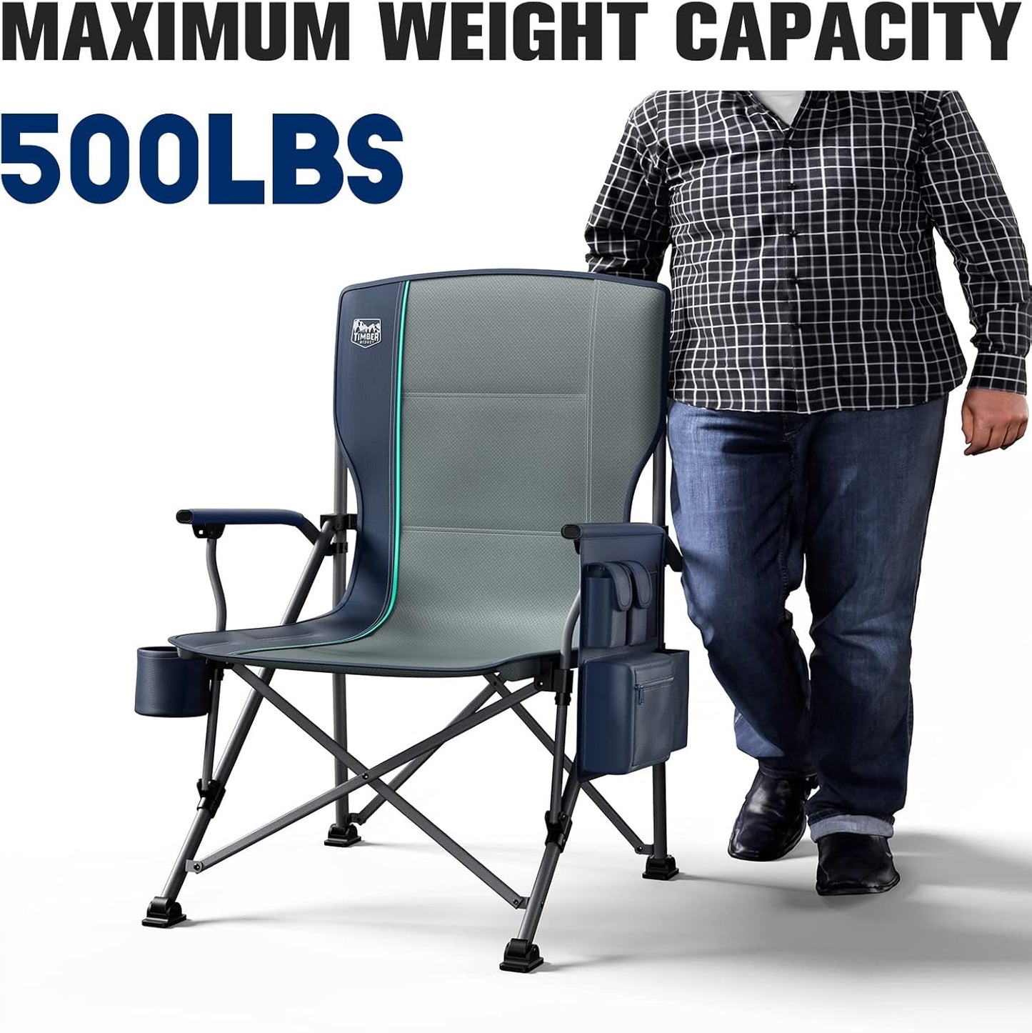 Timber Ridge Oversized Folding Camping Chair - Heavy Duty High Back Support Up to 500lbs | Includes Cup Holder & Cooler Bag