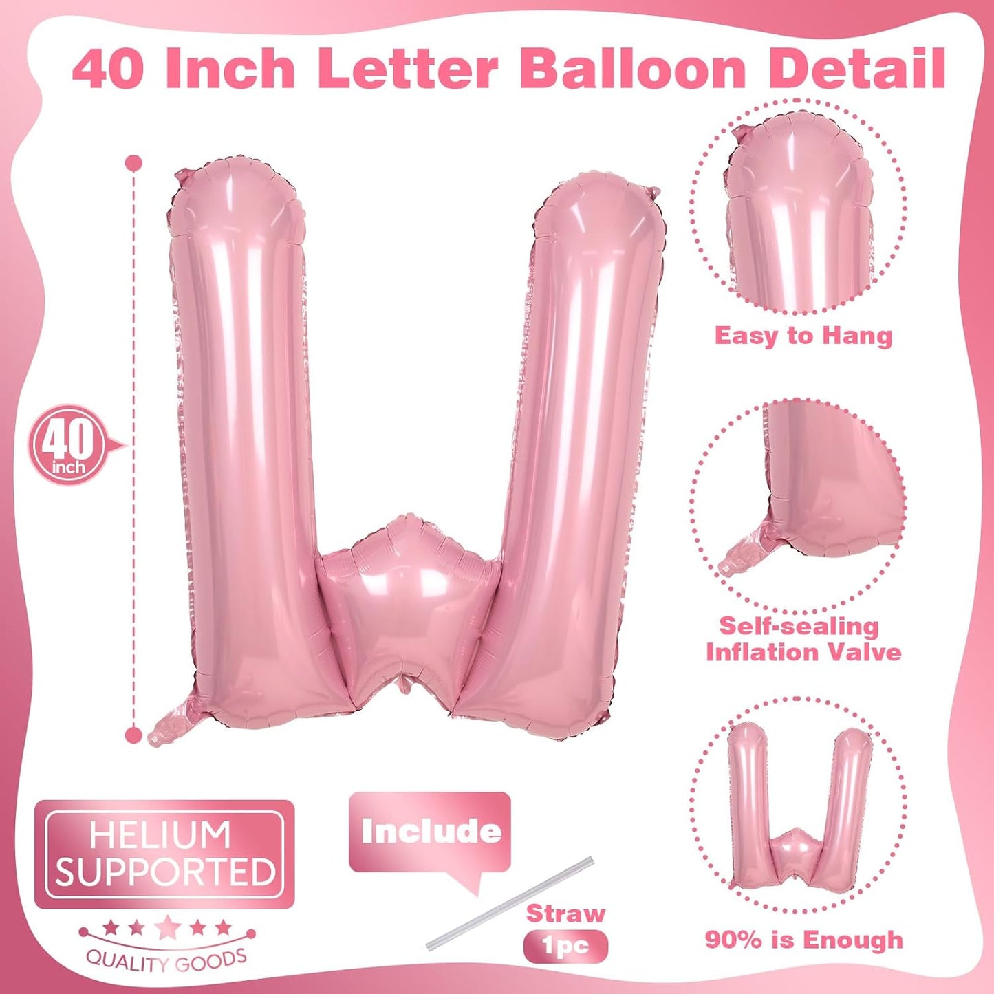 Skiennix 40-Inch Giant Pastel Pink Mylar Balloon - Self-Inflating Letter W for Birthday & Baby Shower Decor
