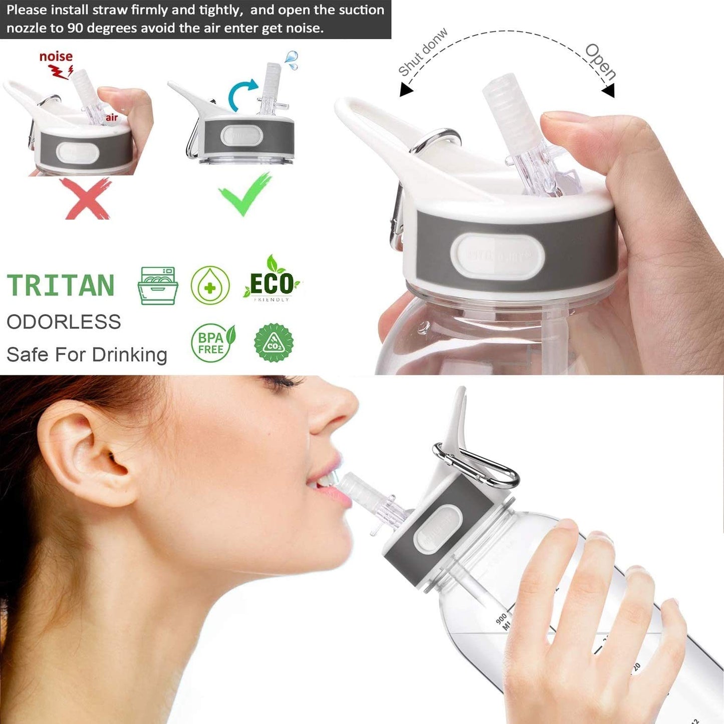 Water Bottle BPA-Free 32oz Water Bottles with Straw Lid Leakproof Tritan Water Jugs Dishwasher Safe Drinking for Home Fitness Outdoor Hiking Workouts