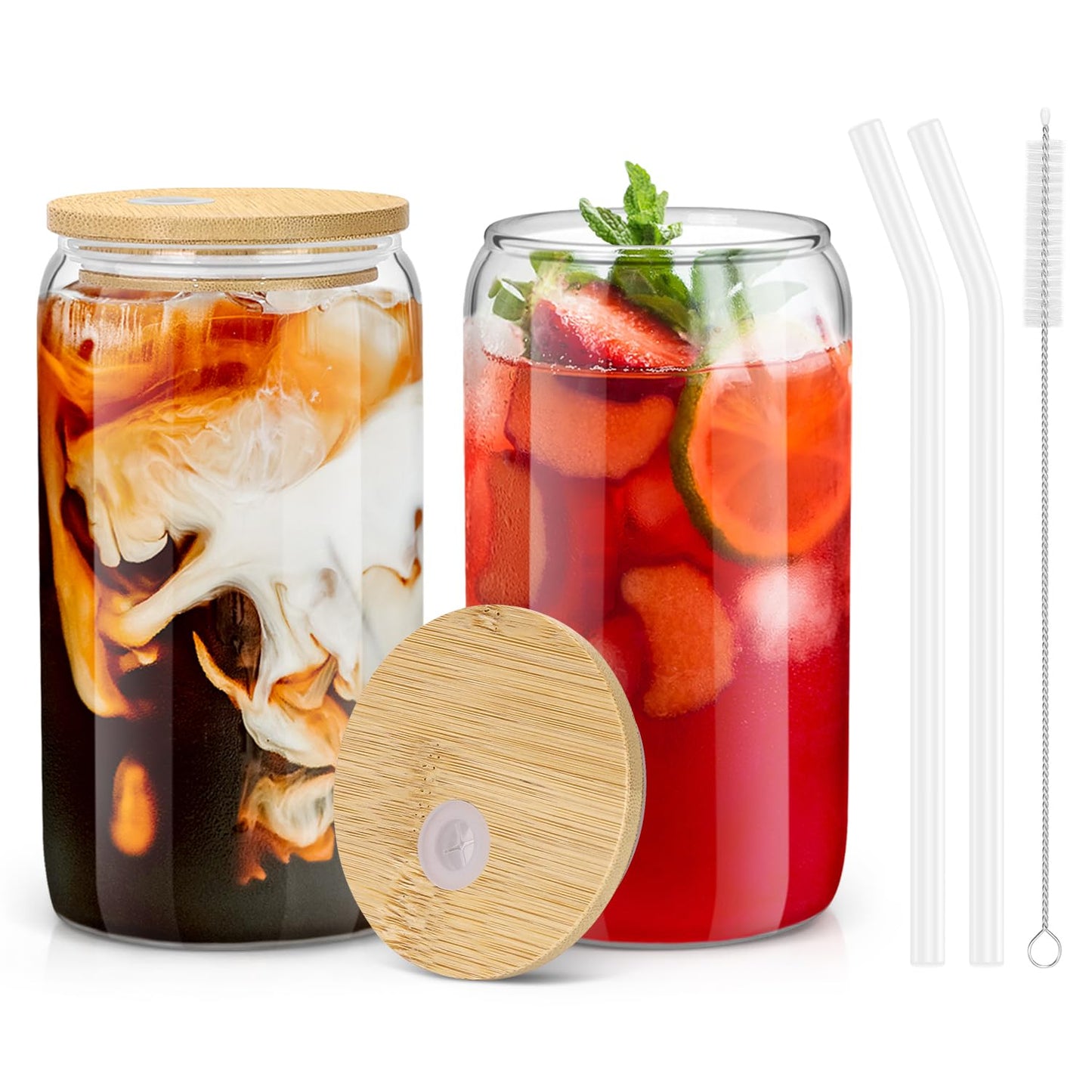 sungwoo 2PCS Glass Cups with Bamboo Lids and Straws, 16OZ Ice Coffee Cup, Drinking Cup set with Wooden Lids, Home Essential Glass Tumblers for Beer, Cocktail, Tea and Latte Clear