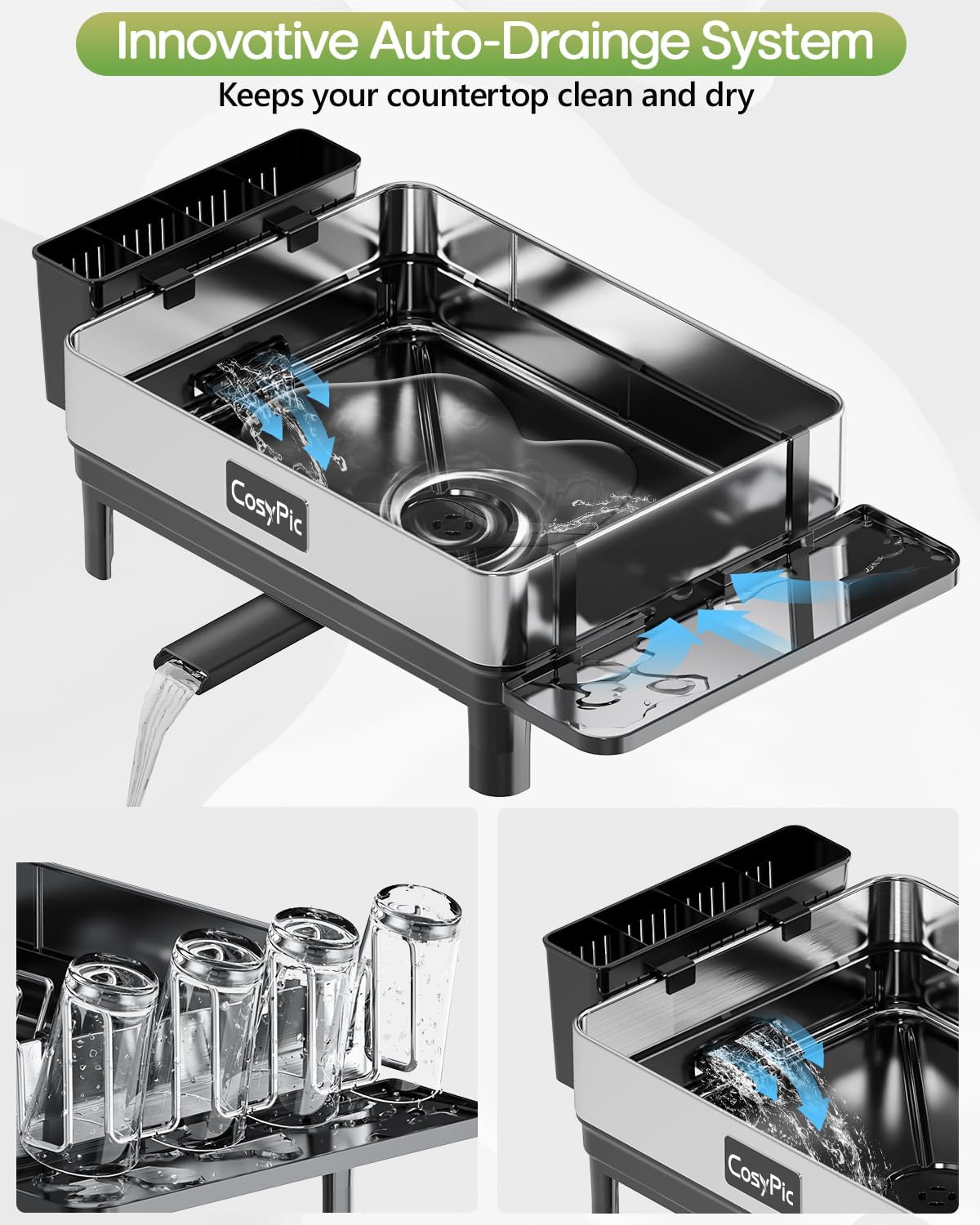 Skiennix Dish Drying Rack - Premium 304 Stainless Steel with Automatic Drainage Spout | Black, Complete Set
