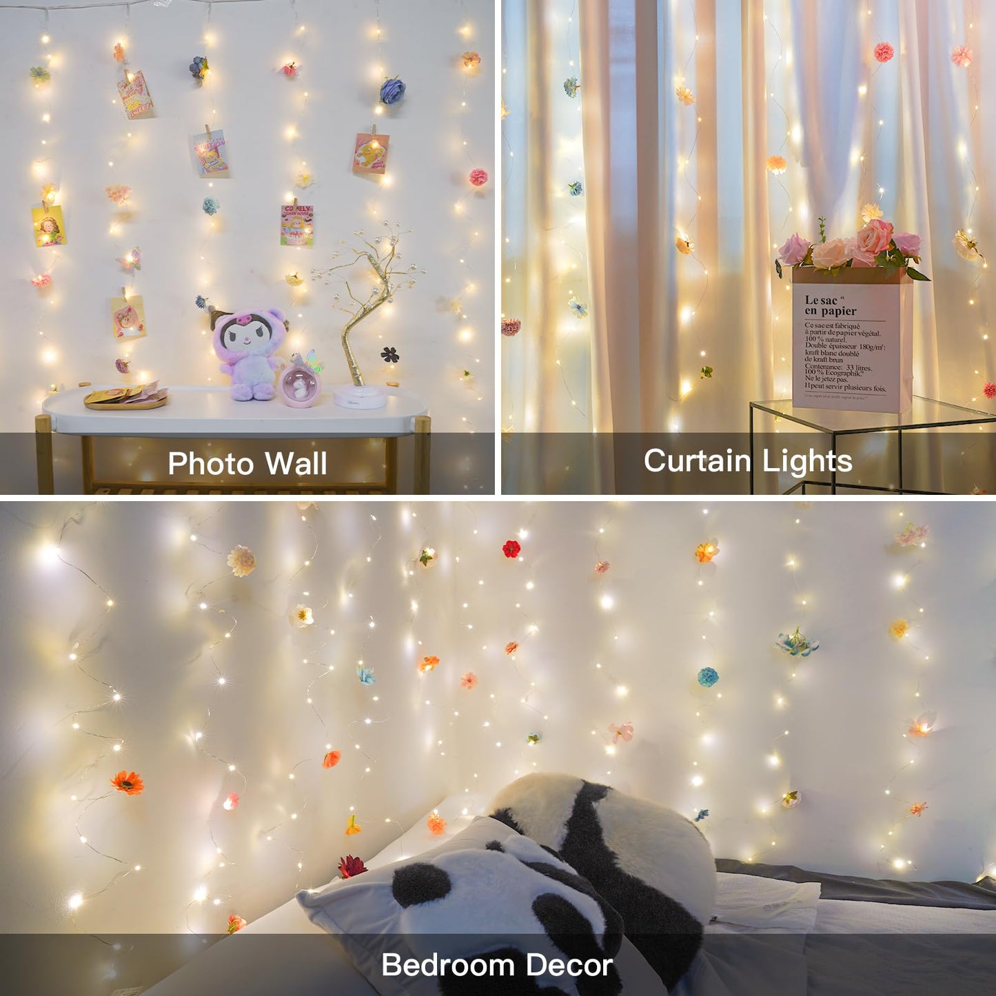 suddus DIY Curtain Lights Kit - 200 LED Fairy String Lights with 3D Butterflies & Silk Flowers, Remote Control 8 Modes USB Powered for Bedroom Wall to Wedding Backdrop (6.5x6.5ft Warm White)