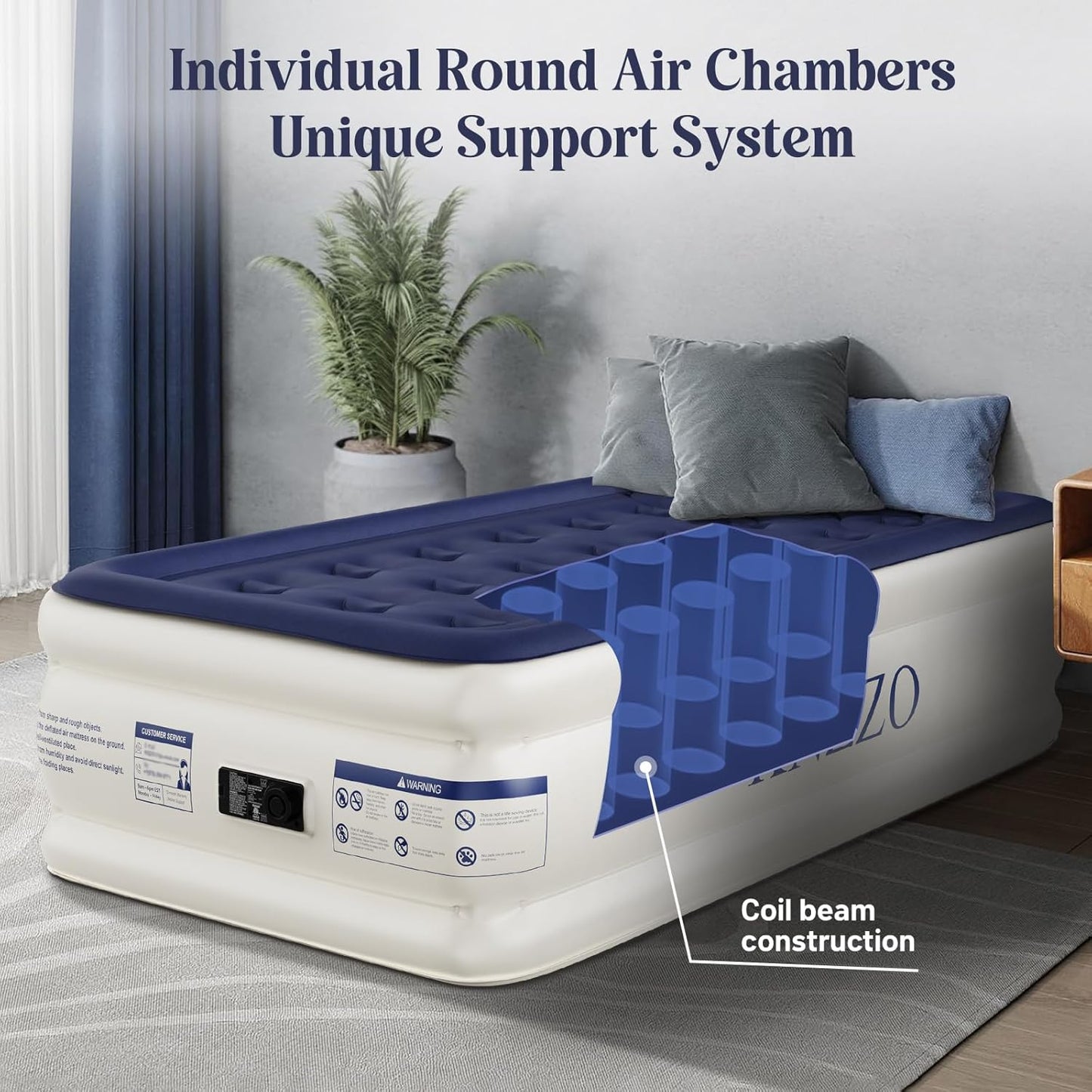 KNZZO Air Mattress - Twin Inflatable Bed with Built-in Pump & Soft Flocked Top | Waterproof & Portable for Home or Camping