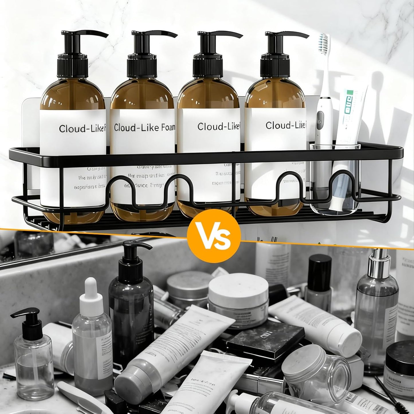 Skiennix Adhesive Shower Caddy - Large Capacity No Drill Bathroom Organizer | 2 Pack Black Shelves