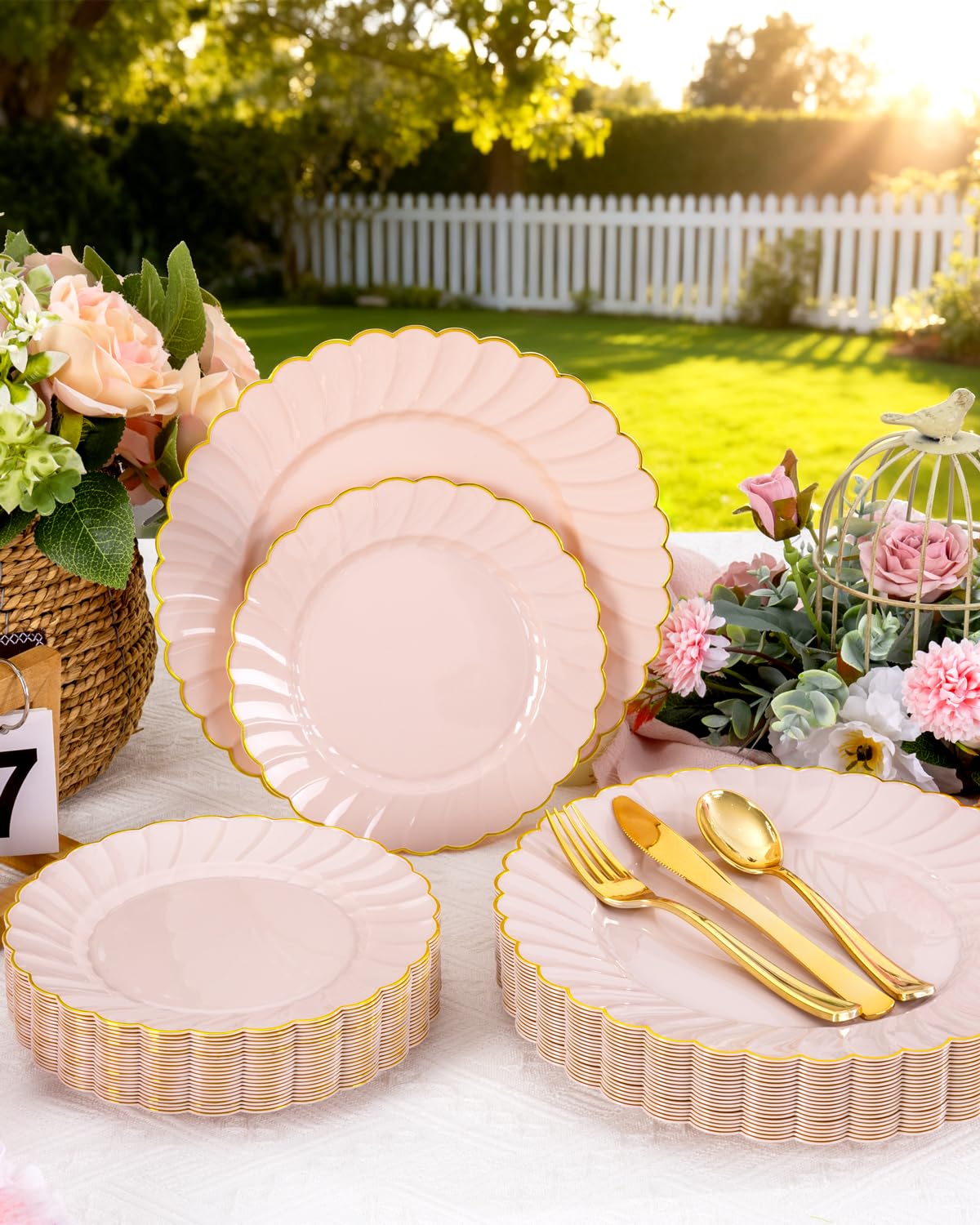 YOUBET 100PCS Pink Scalloped Plastic Plates - Heavy Duty Gold Disposable Fancy Hard Plates Include 50 Dinner Plate, 50 Dessert Plate, for Wedding & Party Mothers Day