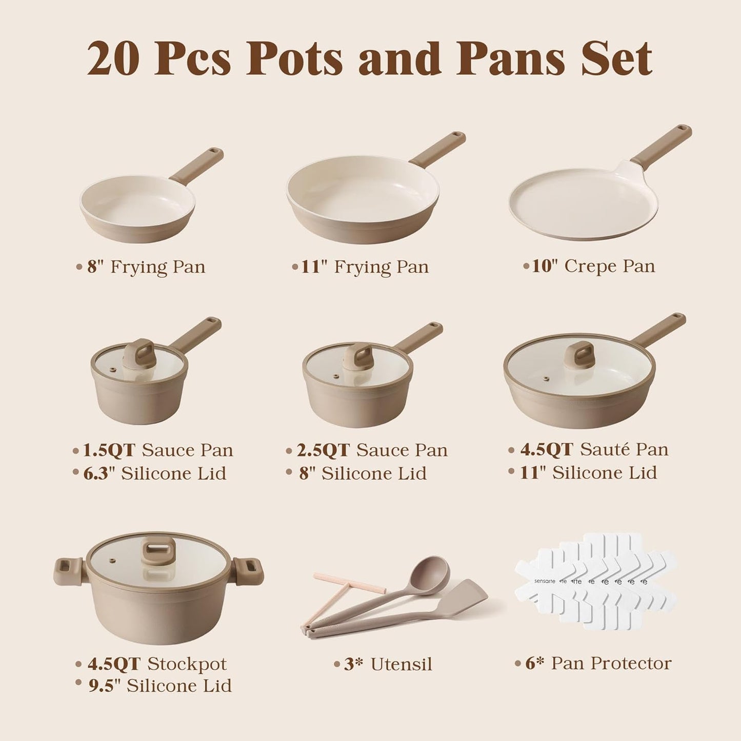SENSARTE 20-Piece Nonstick Ceramic Cookware Set - Healthy, Induction Compatible, Dishwasher Safe, Taupe