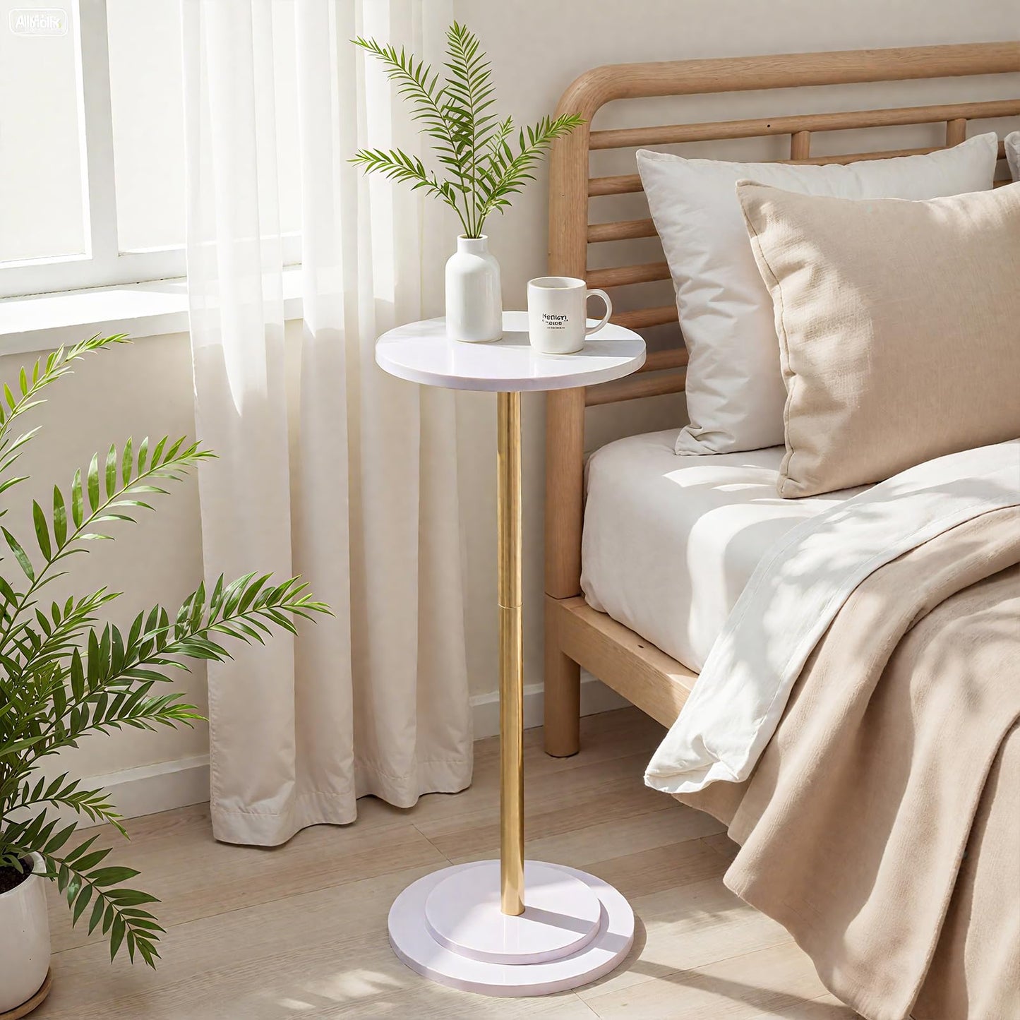 OIKASSU Premium Stone Round Drink Table,Heavy Duty Stone Base Top Pedestal,Cocktail Accent End Table for Living Room,Waterproof, Weighted Base Small Accent Side Table for Small Space Office,White