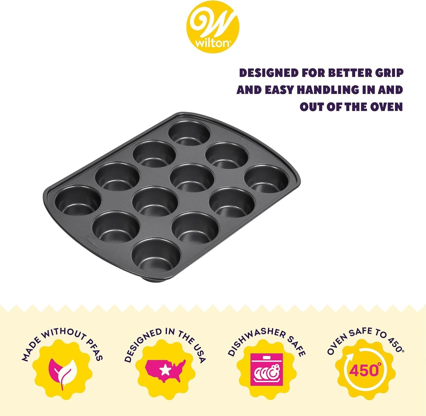 Wilton Gold Non-Stick Muffin Pan | PFAS-Free, Dent Resistant, Dishwasher Safe - 12 Cup, 10.5 x 15 x 2 Inches