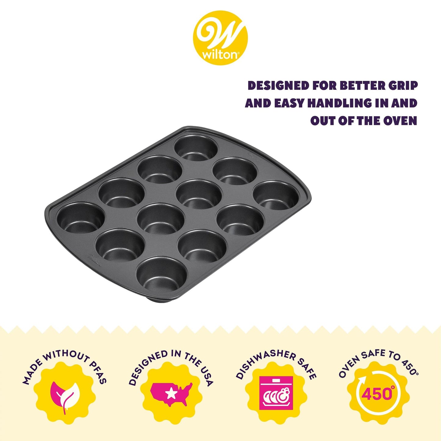 Wilton Gold Non-Stick Bakeware Muffin Pan - Baking Pan for Muffins & Cupcakes - Made Without PFAS, Dent Resistant & Dishwasher Friendly - Offers Even Heat Distribution - 10.5 x 15 x 2 Inches, 12 Cup