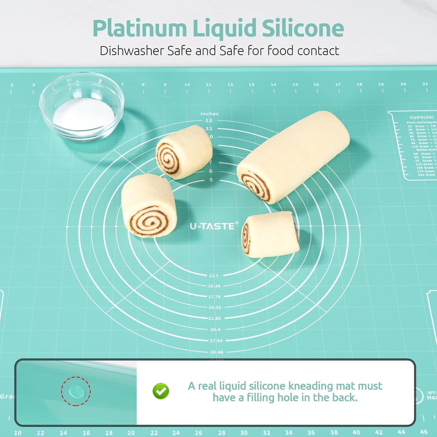 U-Taste Large Pastry Mat - 28"x20" Food-Grade Silicone Baking Sheet with Non-Stick Surface & Clear Measurements (Aqua Sky)