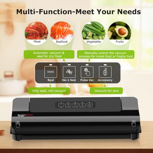 Bonsenkitchen Vacuum Sealer - Multi-Functional Food Preservation System with 5 Bags & Compact Design - Black