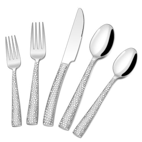 Hammered Silverware Set, 40-Piece Stainless Steel Wave Flatware Set for 8, Food-Grade Tableware Cutlery Set, Utensil Sets for Home Restaurant, Mirror Finish, Dishwasher Safe