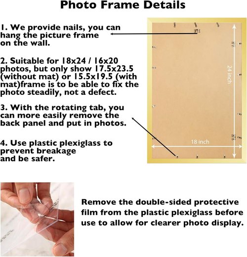 JCJMY 18x24 Picture Frame - Elegant Gold Design with 16x20 Mat for Wall Display