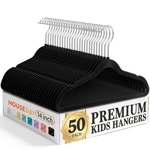 HOUSE DAY 14 Inch Kids Velvet Hangers 50 Pack, Durable Big Kid Hangers for Youth, Teen, Non Slip Kids Felt Hanger, Cute Childrens Hanger for Closet, Black