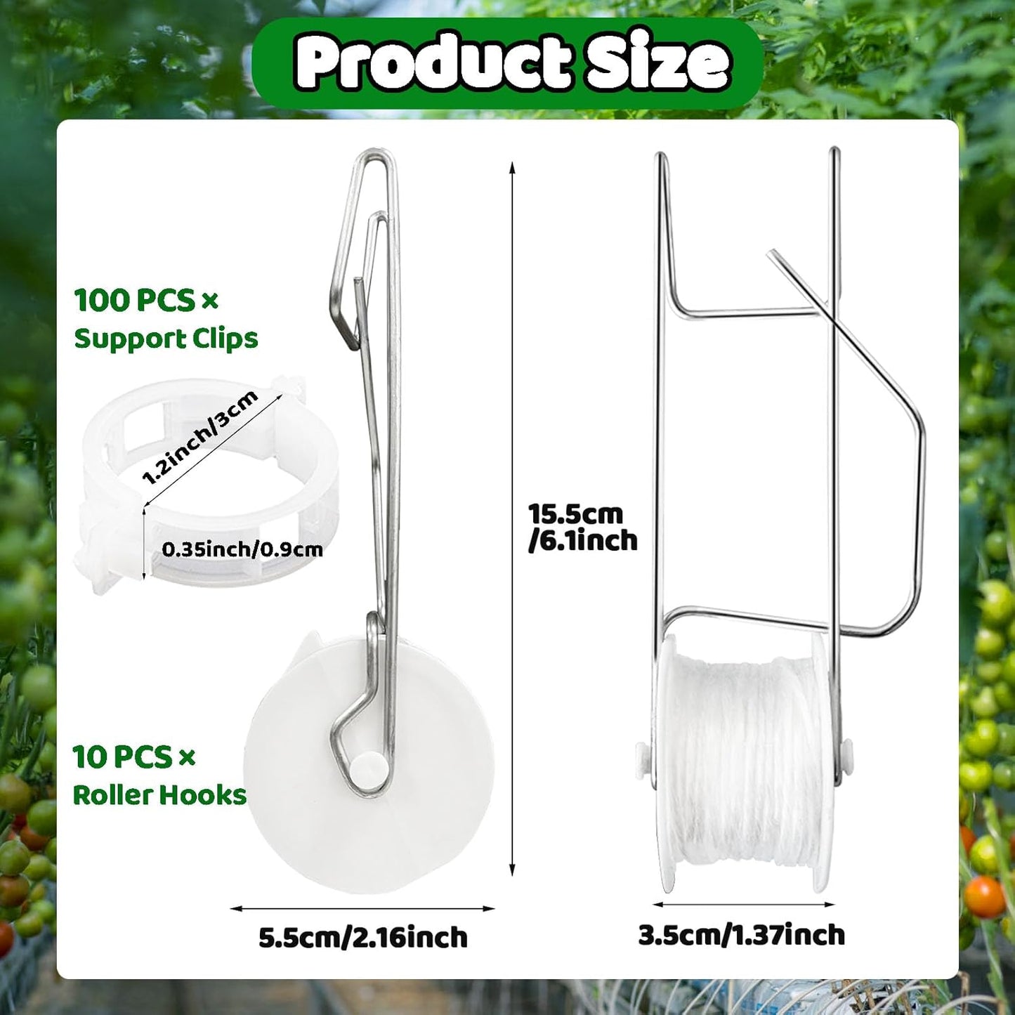 Skiennix Greenhouse Trellising Kit - 10 Tomato Hooks & 100 Support Clips | Durable Metal & Nylon, White