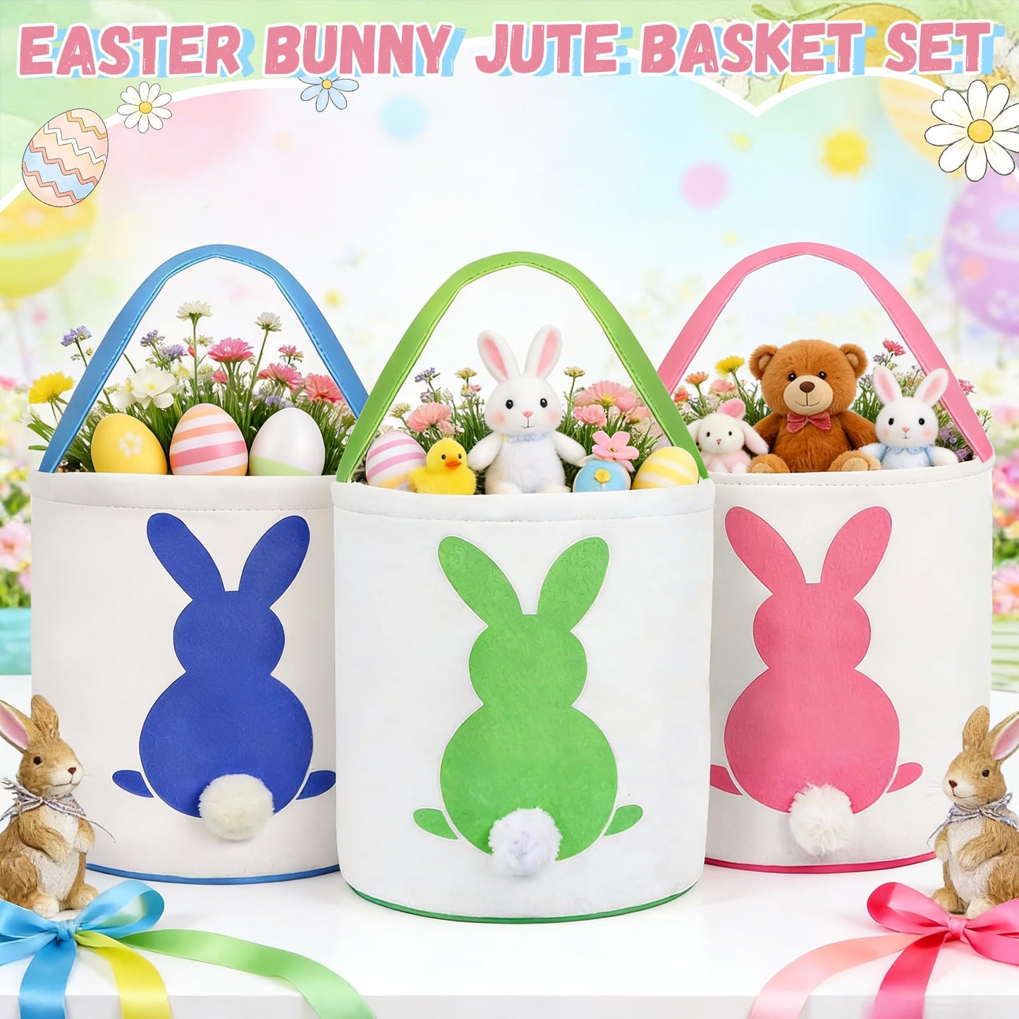 3 PCS Easter Eggs Hunt Basket for Kids Canvas Bunny Basket Egg Bags Rabbit Fluffy Tails Party Celebrate Decoration Gift Toys Carry Bucket Tote