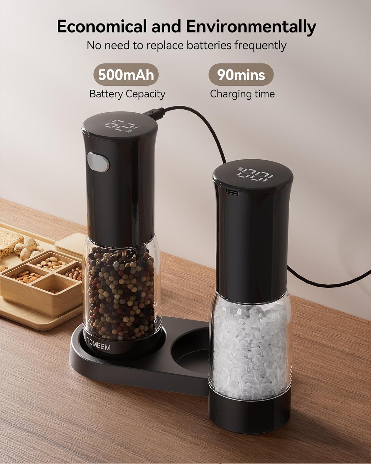 TOMEEM Electric Salt and Pepper Grinder Set - Rechargeable with LED Indicator & 5-Level Grinding | 4.5oz Capacity