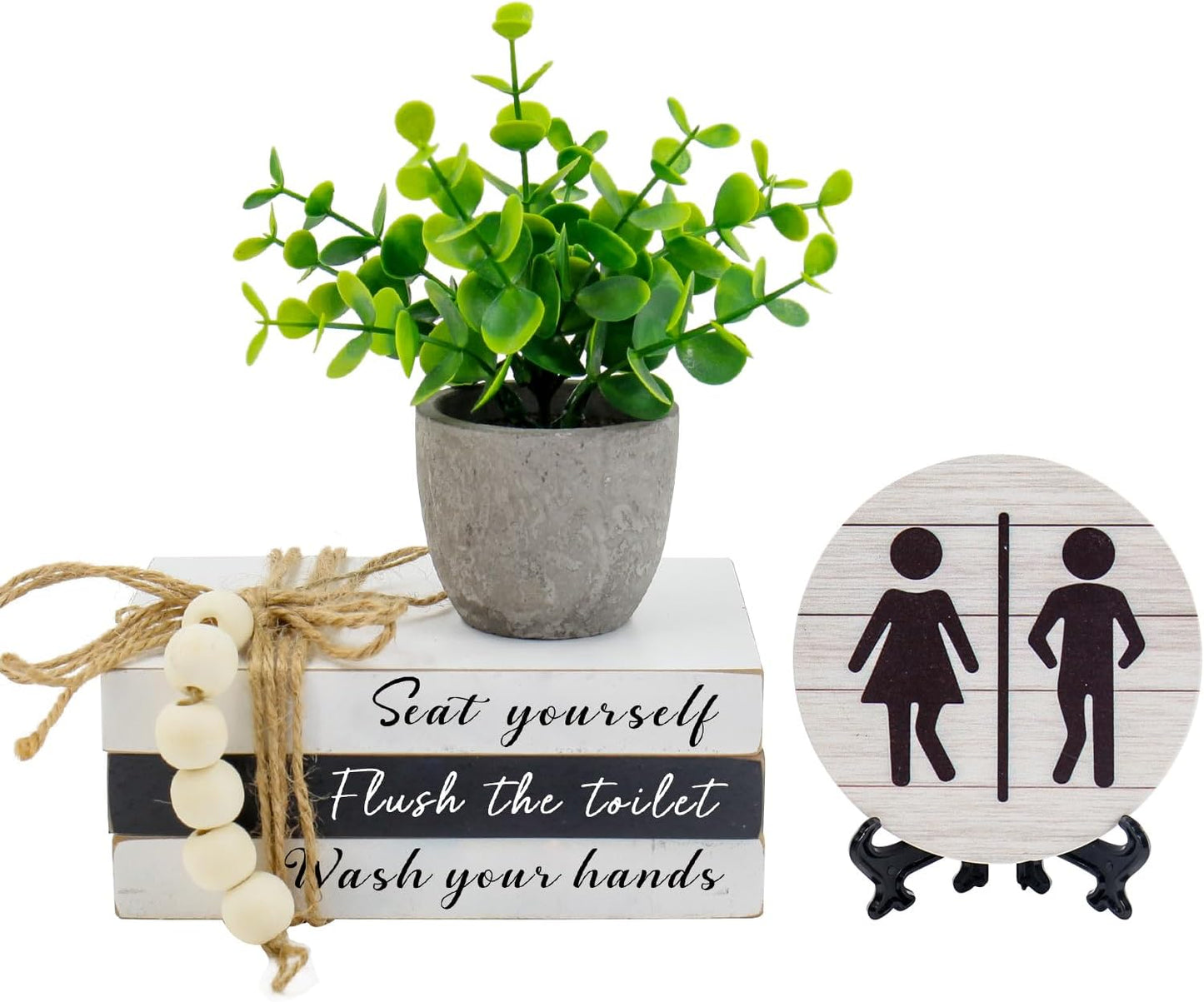 Skiennix Bathroom Shelf Decor - Funny Wooden Signs with 3D Round Design & Fake Plants | Restroom Shelf Accent