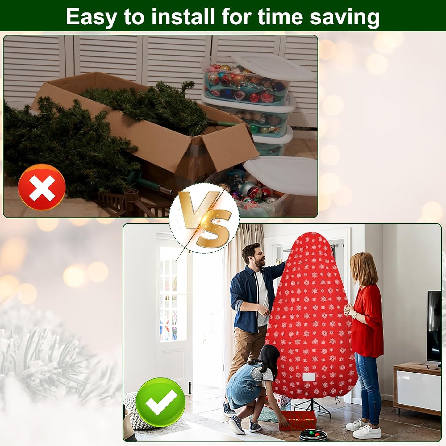 Skiennix Christmas Tree Cover - Durable Storage Bag with Zipper & Drawstring for 6-Foot Trees | Dustproof Red with Snow Print