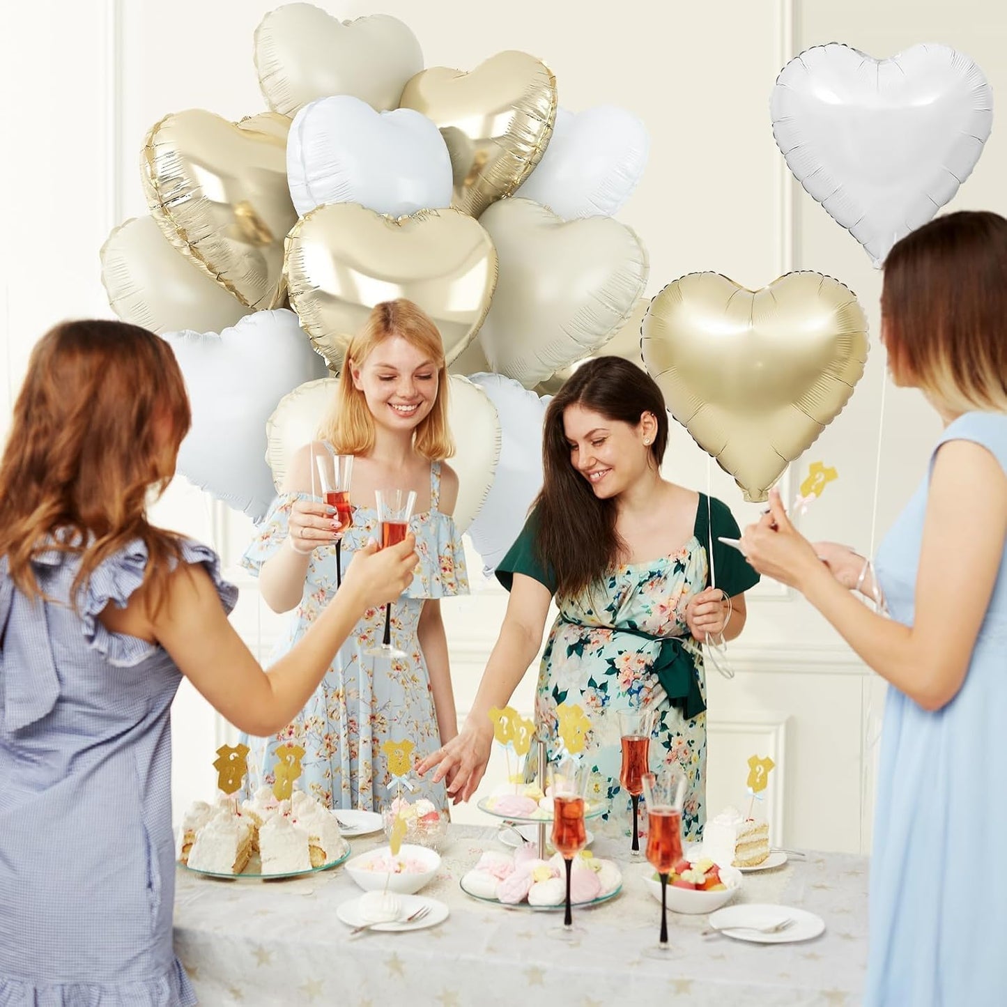 Skiennix Heart Balloons - 12 Pcs Cream White & Gold Foil Balloons | 18-Inch Beige Helium Decor for Baby Showers & Weddings