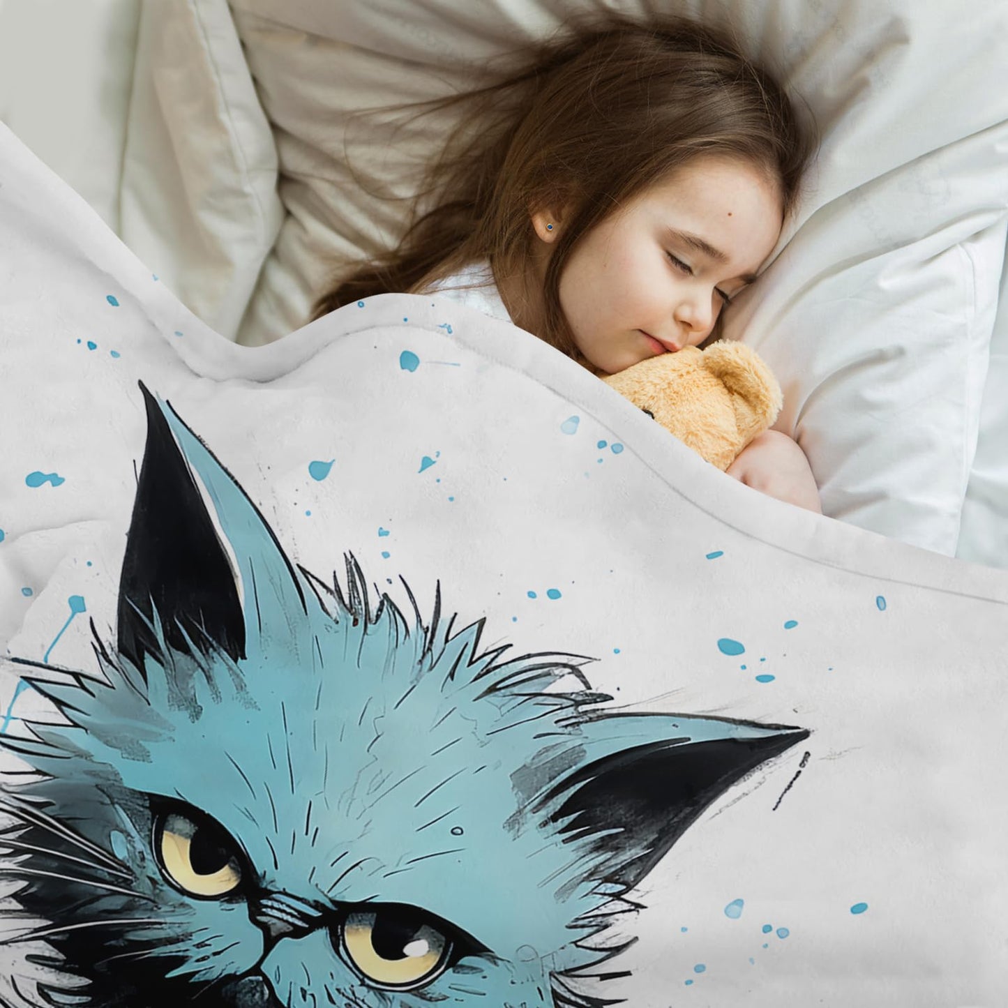 SARA NELL Cute Angry Cat Blue and White Splash Design Flannel Throw Blanket, Soft Plush Cat Gifts for Girls Boys, Kids Funny Animal Print Birthday Ideas, 40 in x 50 in