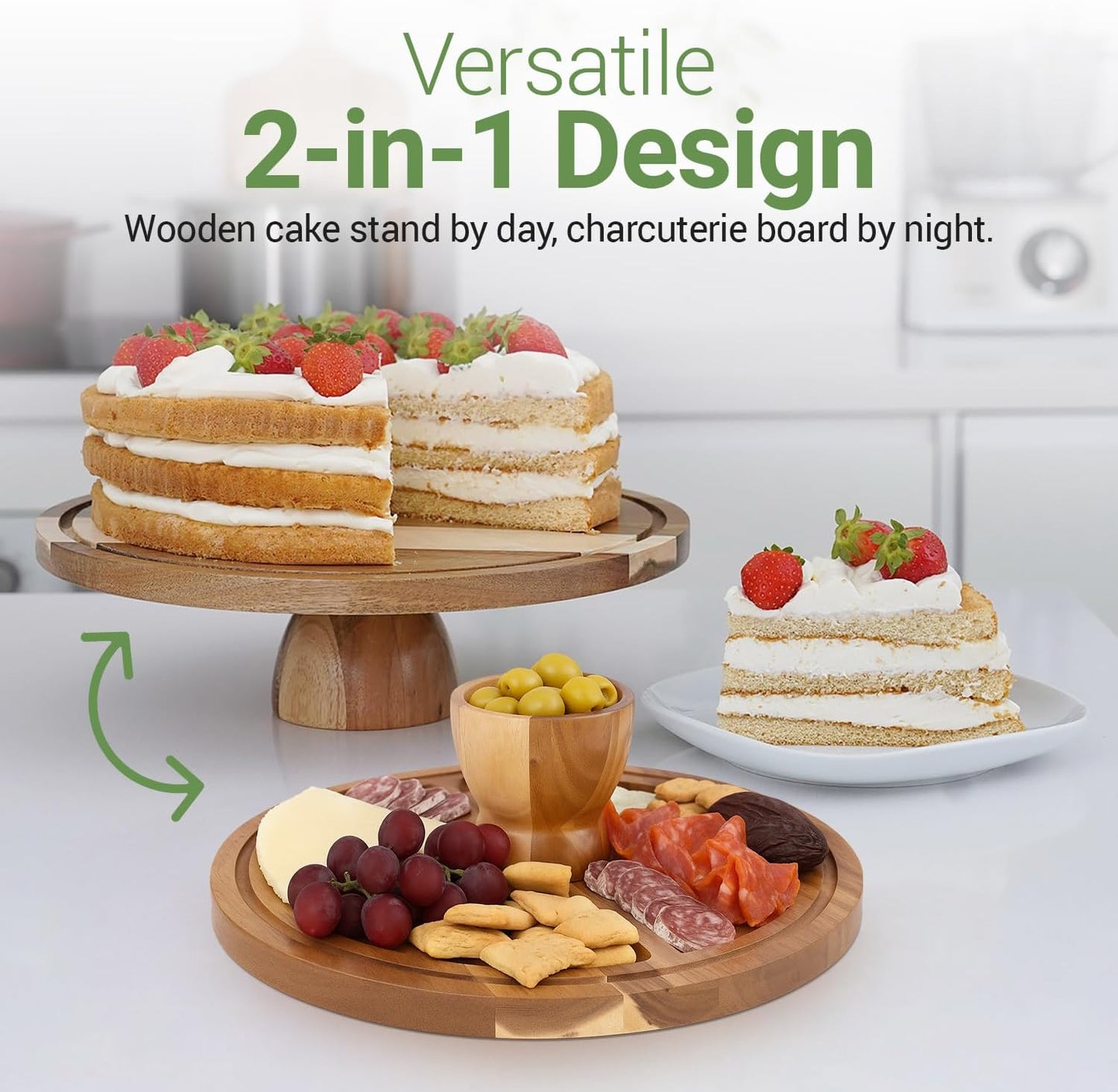 Linda’s Essentials Acacia Wood Cake Stand - 12-Inch Round Holder with Lid & Bonus Cake Sheets | Versatile Dome & Charcuterie Board