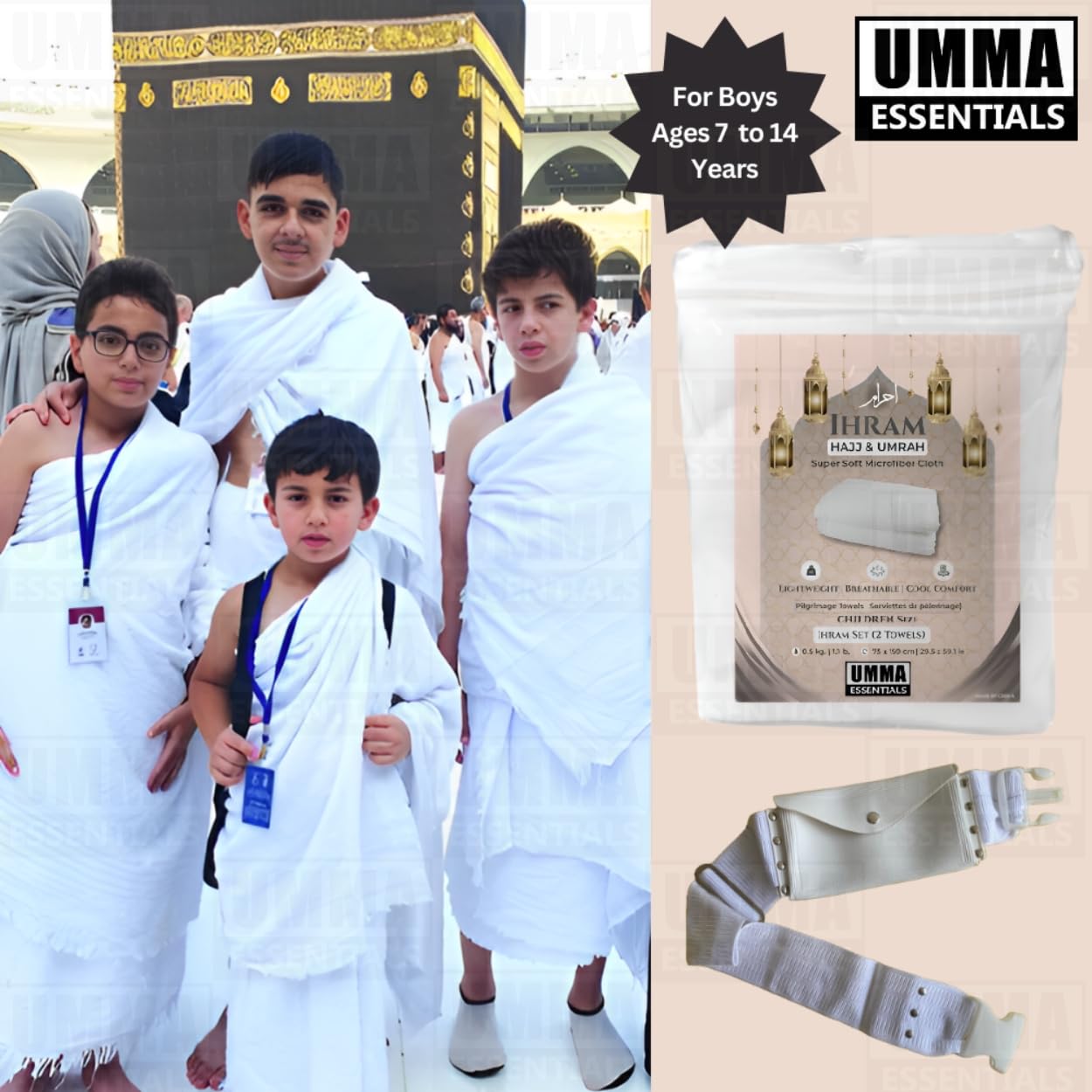 Kids Ihram Towels Set for Children – Includes Belt, 2 White Towels (75x150 cm), Ideal for Hajj and Umrah. A one-Size-fits-All Hajj Kit and Umrah Essentials for Boys’ Ihram, ehram, and ahram