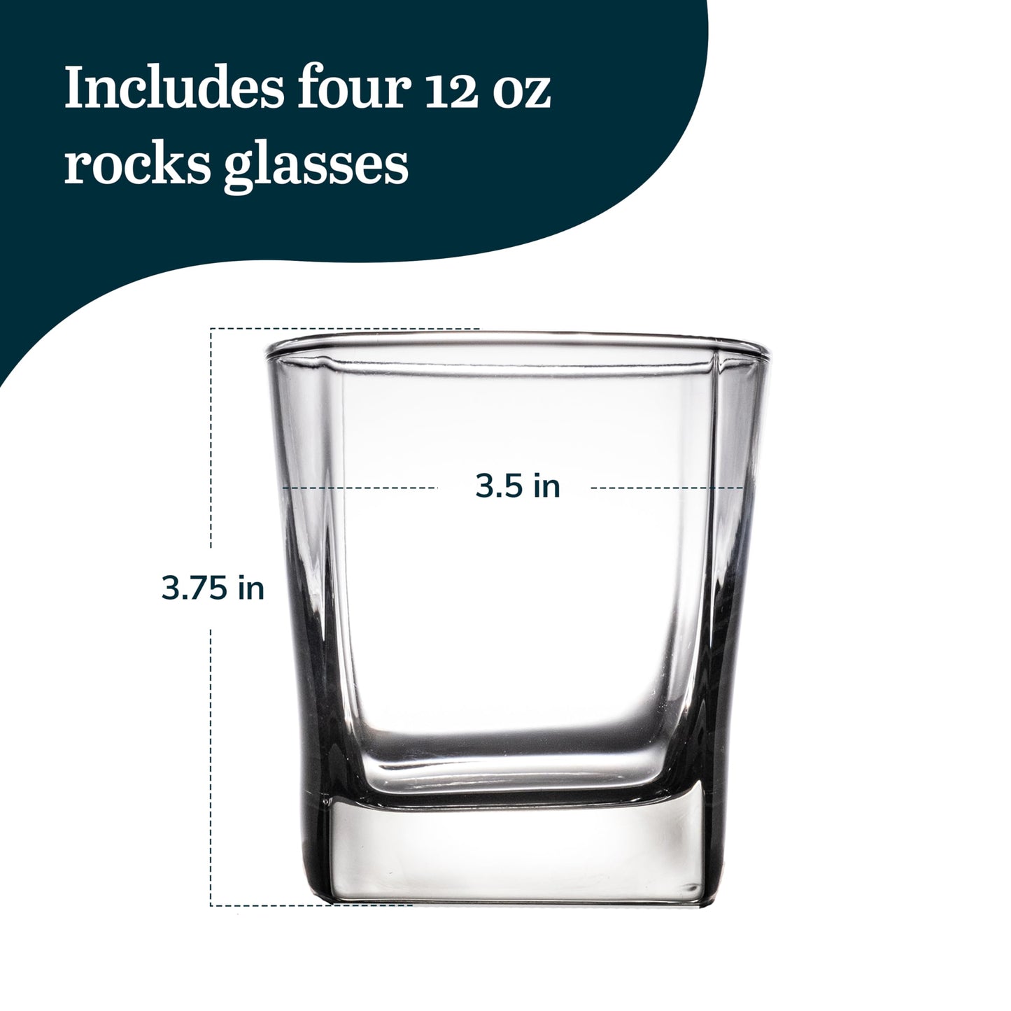 Libbey Charleston Rocks Glasses Set of 4, 12 Oz, Clear Square Base Glass Cocktail Glasses, Modern Bar Glassware Set for Parties and Casual Gatherings