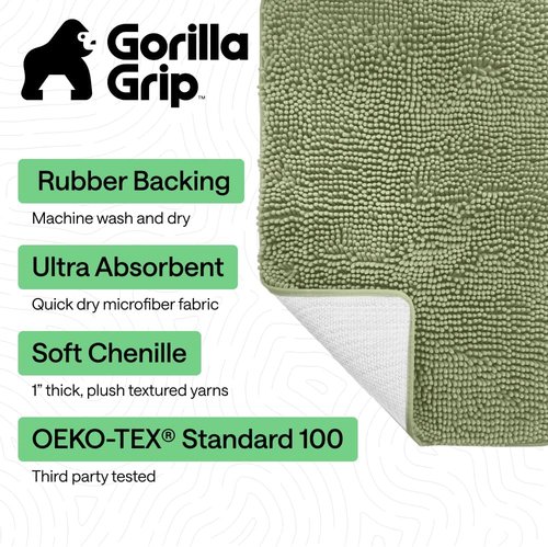 GORILLA GRIP Bath Rug Mat - Soft Absorbent Chenille | Quick-Dry Microfiber, 60x17, Sage Green
