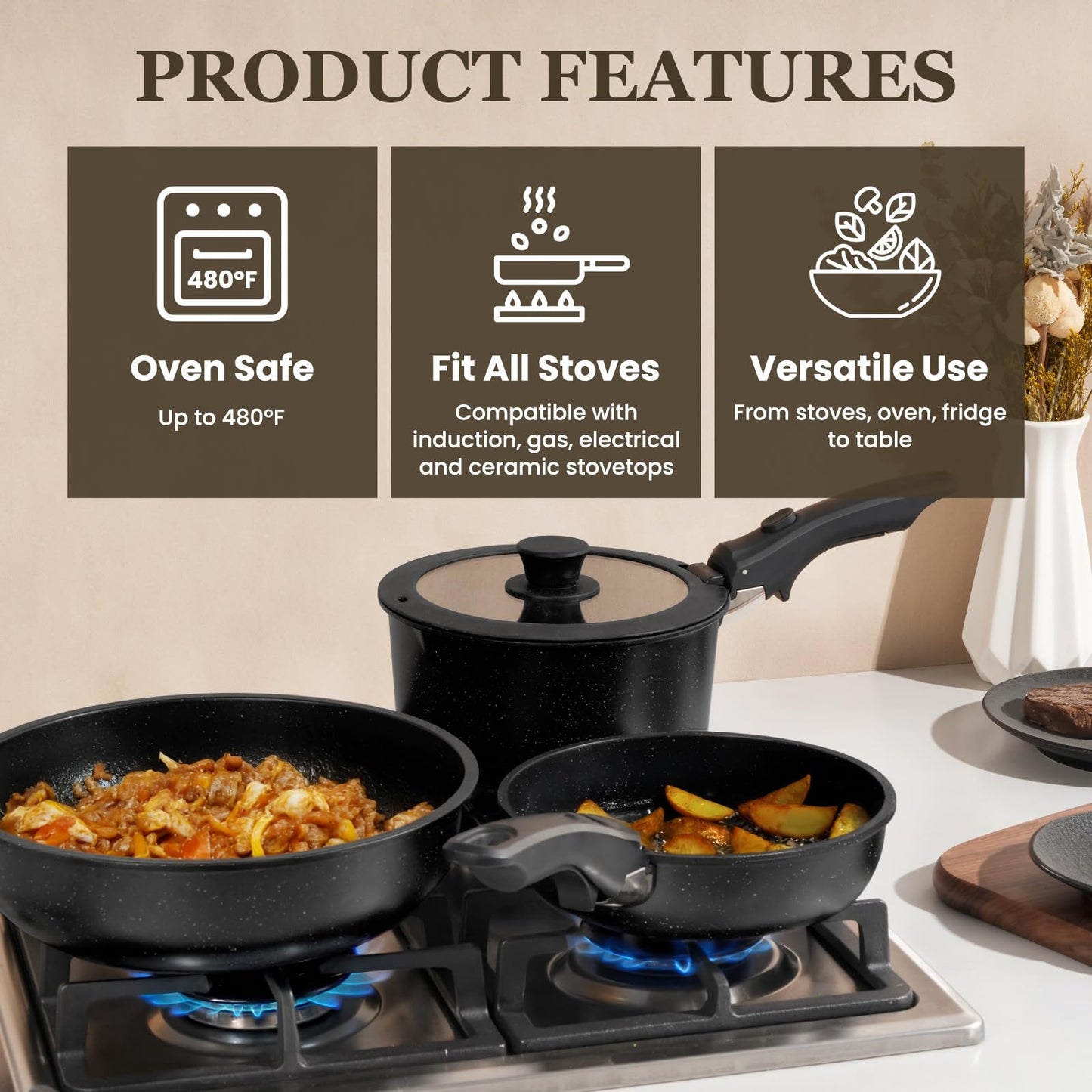 KIKCOIN Nonstick Pots and Pans Set 24 Pack - Kitchen Cookware Set with Detachable/Removable Handle - Cooking Pans Set with Frying Pans, Egg Pan - Stackable, Oven Safe, Induction Ready