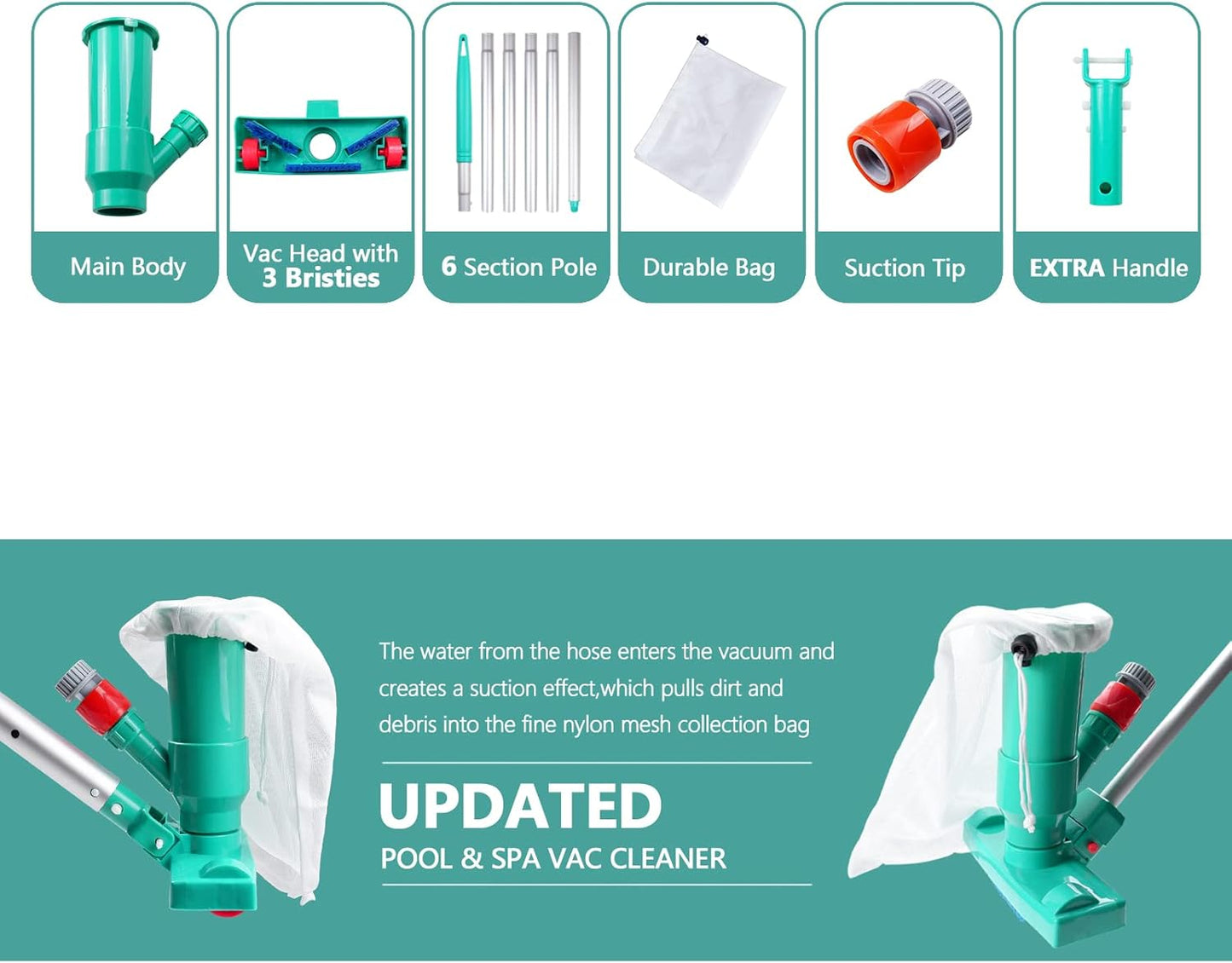 POOLWHALE Mini Jet Vac Vacuum Cleaner - Upgraded Design with Brush & 56.5" Telescopic Pole