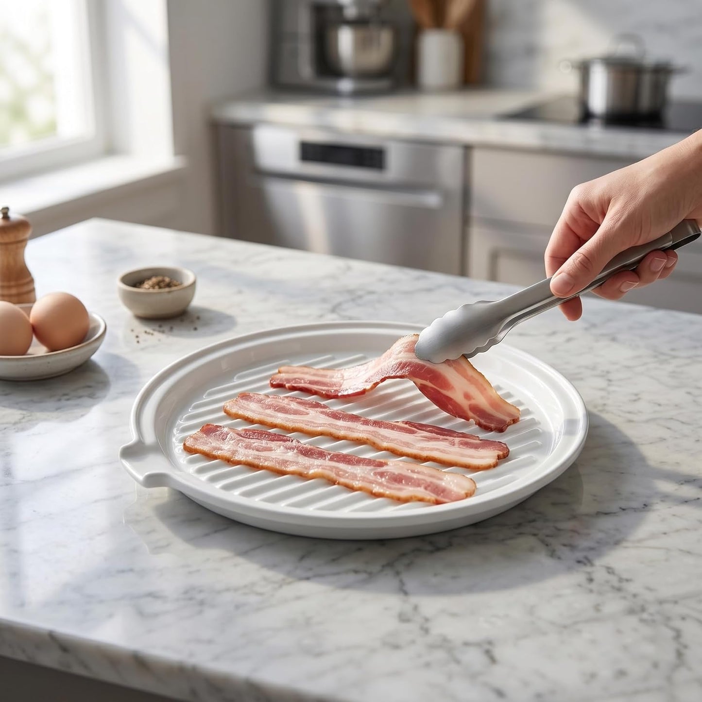 ONEMORE Microwave Bacon Tray - Ceramic Cooker for Crispy Bacon | 11-Inch Round Dish with Lid, White