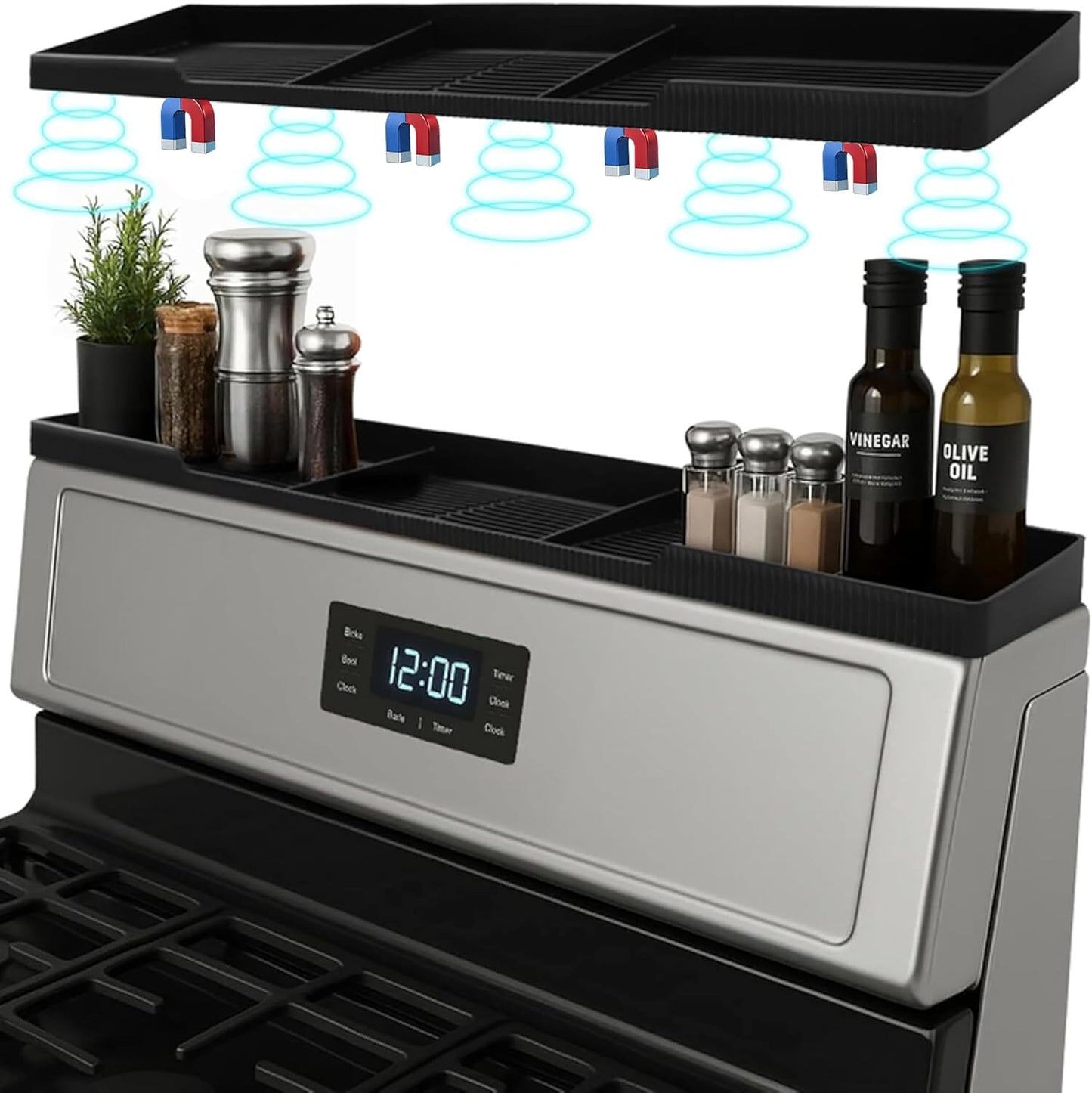 Silicone Magnetic Over The Stove Shelf - Versatile Spice Rack with 6 Extra Plates | Black