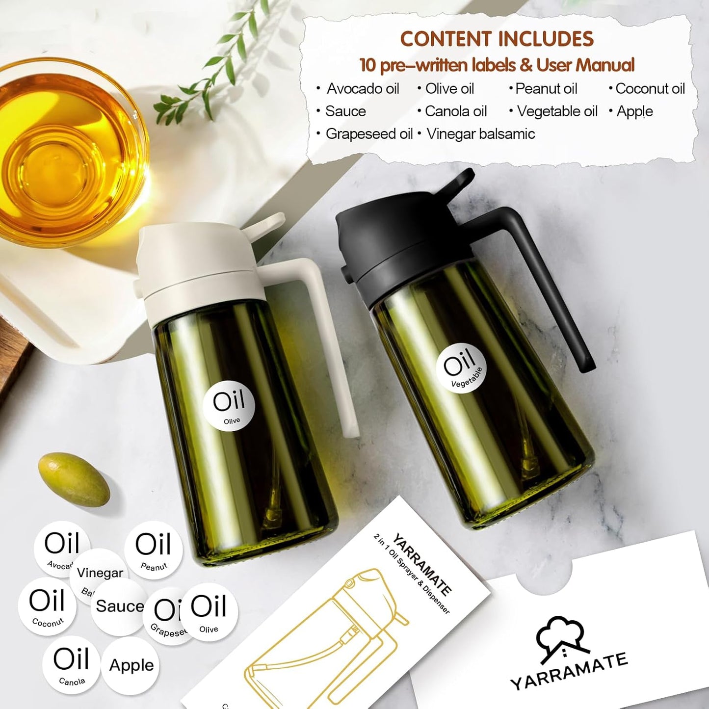 YARRAMATE Oil Sprayer & Dispenser Set - 16oz Dark Green Sprayer & 300ml Brush Dispenser (Black & White)