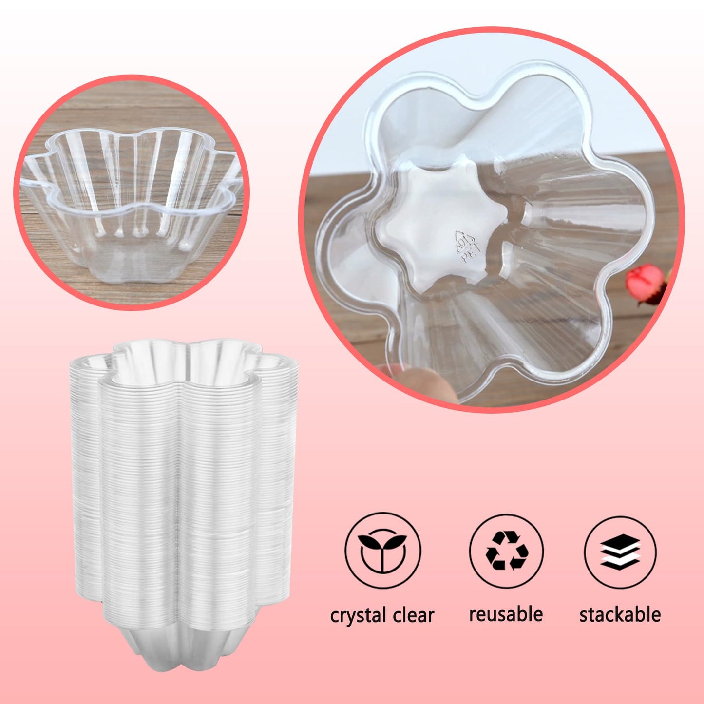 Merkaunis 200 Pack Plastic Ice Cream Bowls 8.5Oz Clear Plastic Ice Cream Dessert Bowls Sundae Snack Fruit Salad Bowl Clear Flower Shape Appetizer Cup Chocolate Dessert Sundae and Nuts