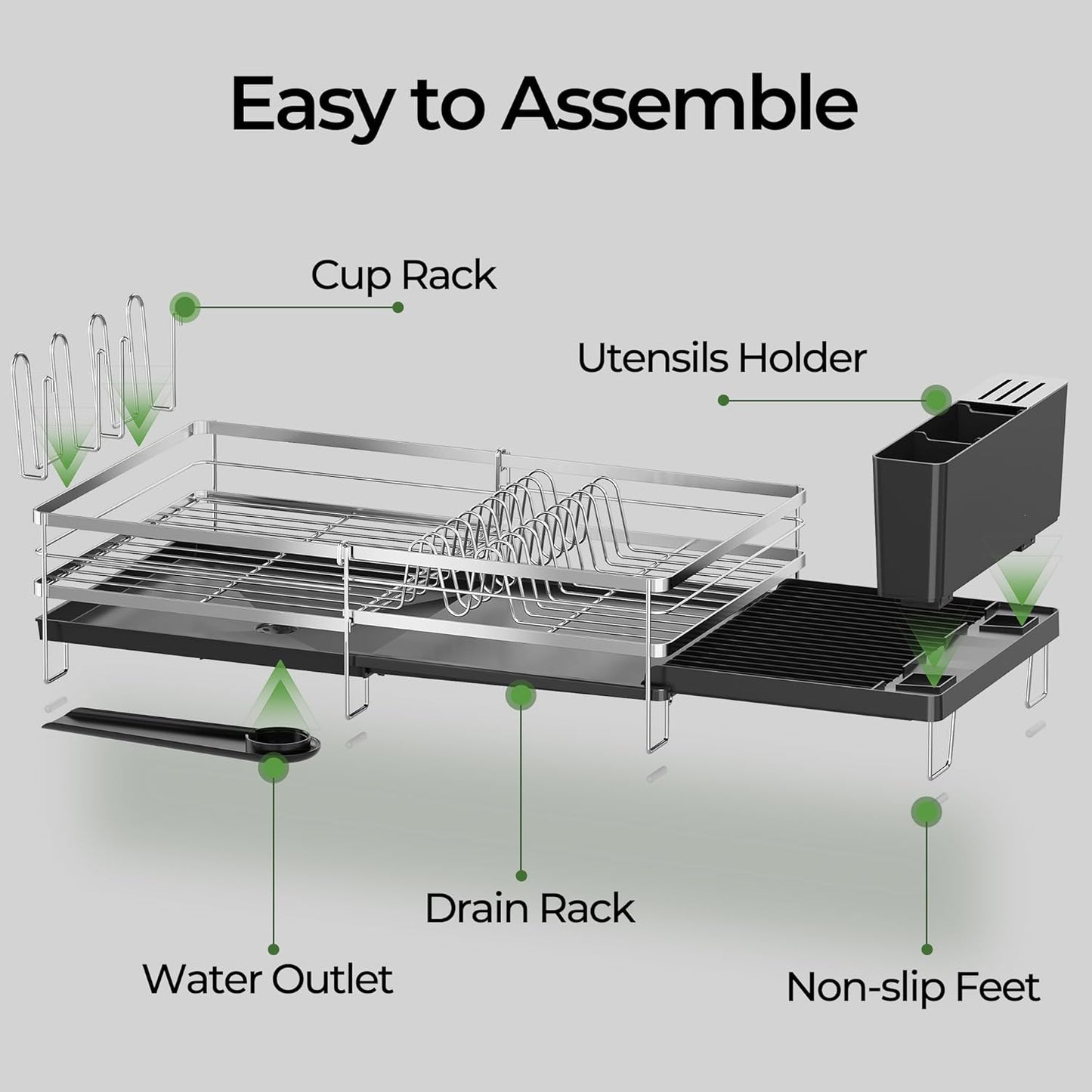 Skiennix Large Expandable Dish Drying Rack - Stainless Steel Anti-Rust Kitchen Drainer | 13.4"-28.7" L x 11.8" W