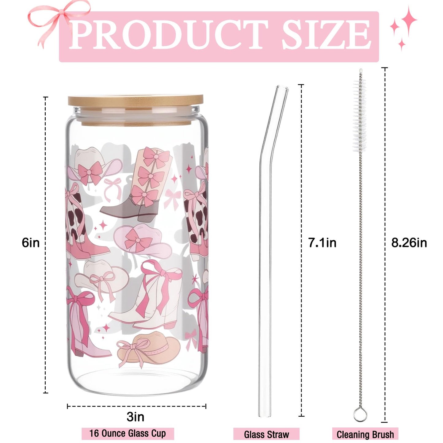 Yetene Coquette Bow Aesthetic Cup 16oz Cowgirl Glass Cup with Lid and Straw Pink Bow Tumbler Cowgirl Gifts for Women Girls Friend Sister Girlfriend