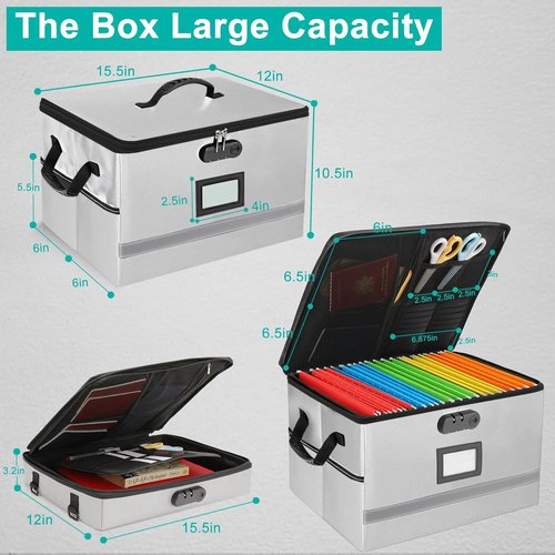 **EXLIFBAG Fireproof Document Organizer Box - Portable 2-Layer File Storage with Lock & Handle**
